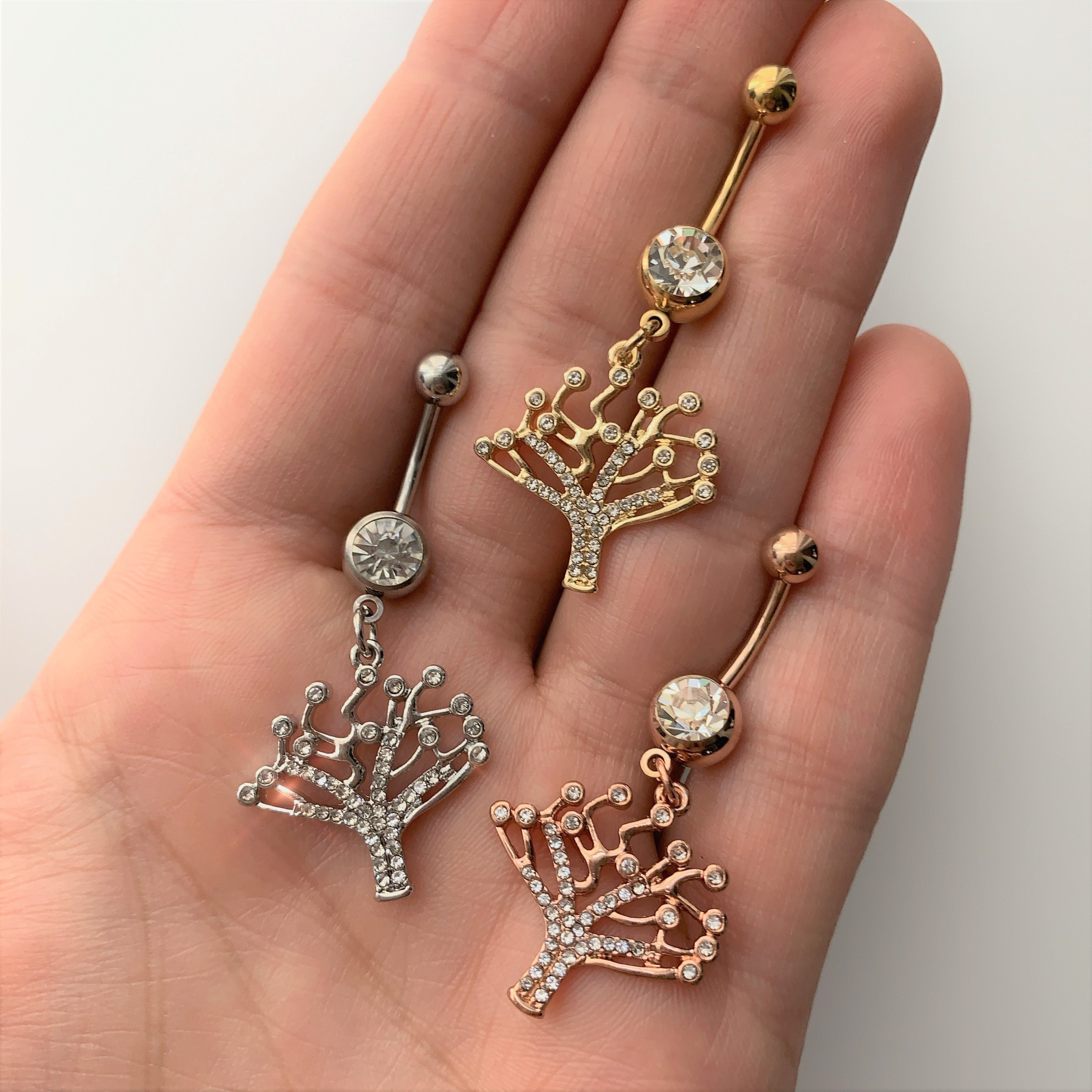 Clear CZ Gem Angular Tree of Life Dangle Belly Ring