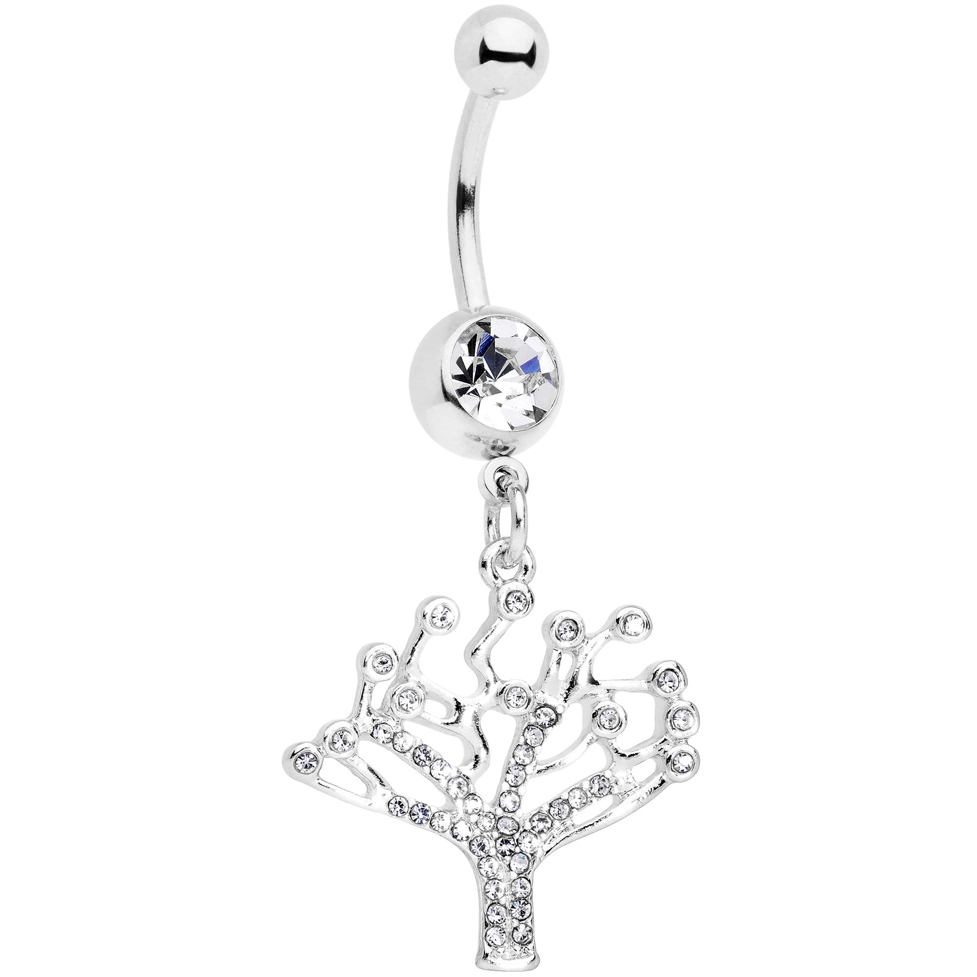 Clear CZ Gem Angular Tree of Life Dangle Belly Ring