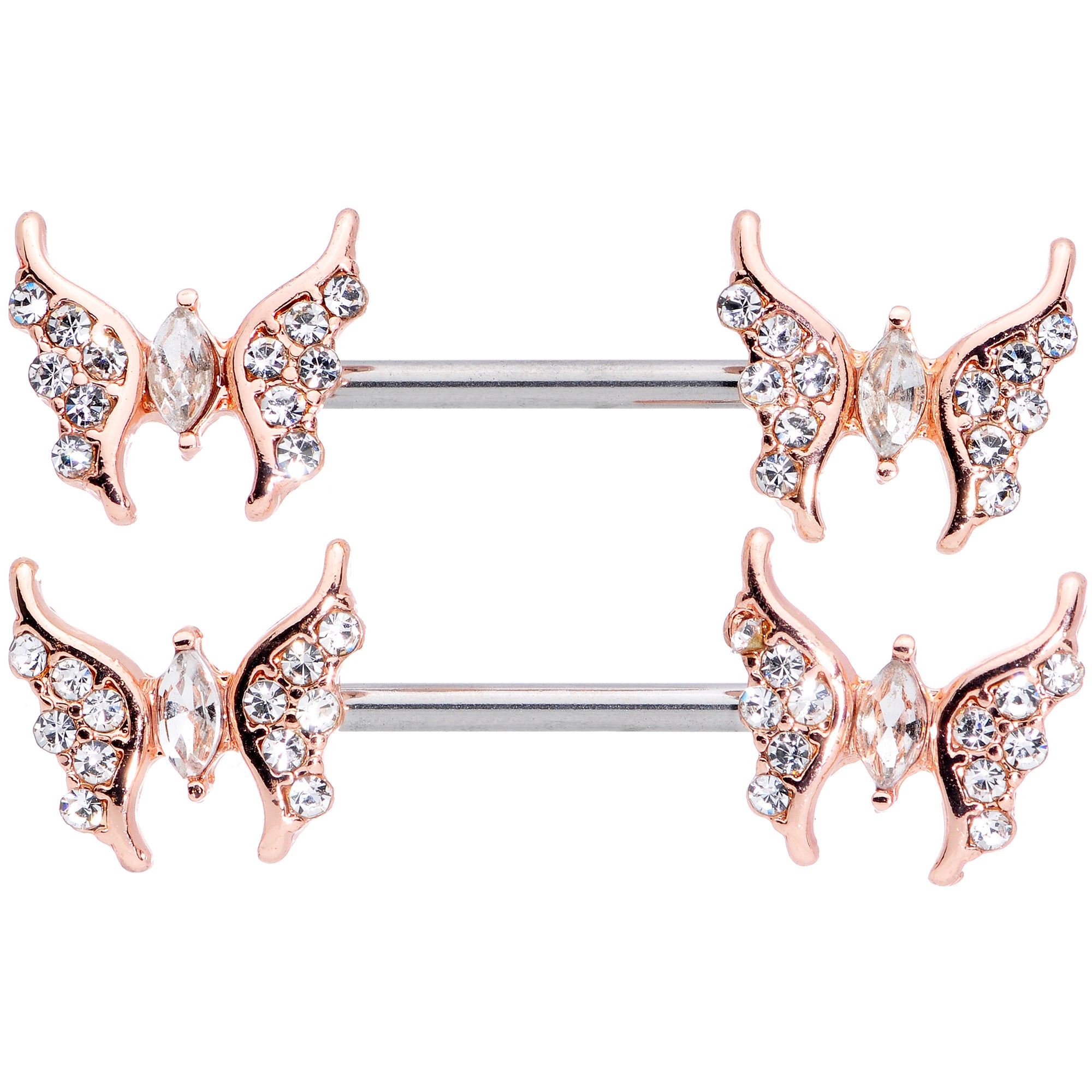 14 Gauge Clear CZ Gem Rose Gold Hue Drama Butterfly Barbell Nipple Ring Set