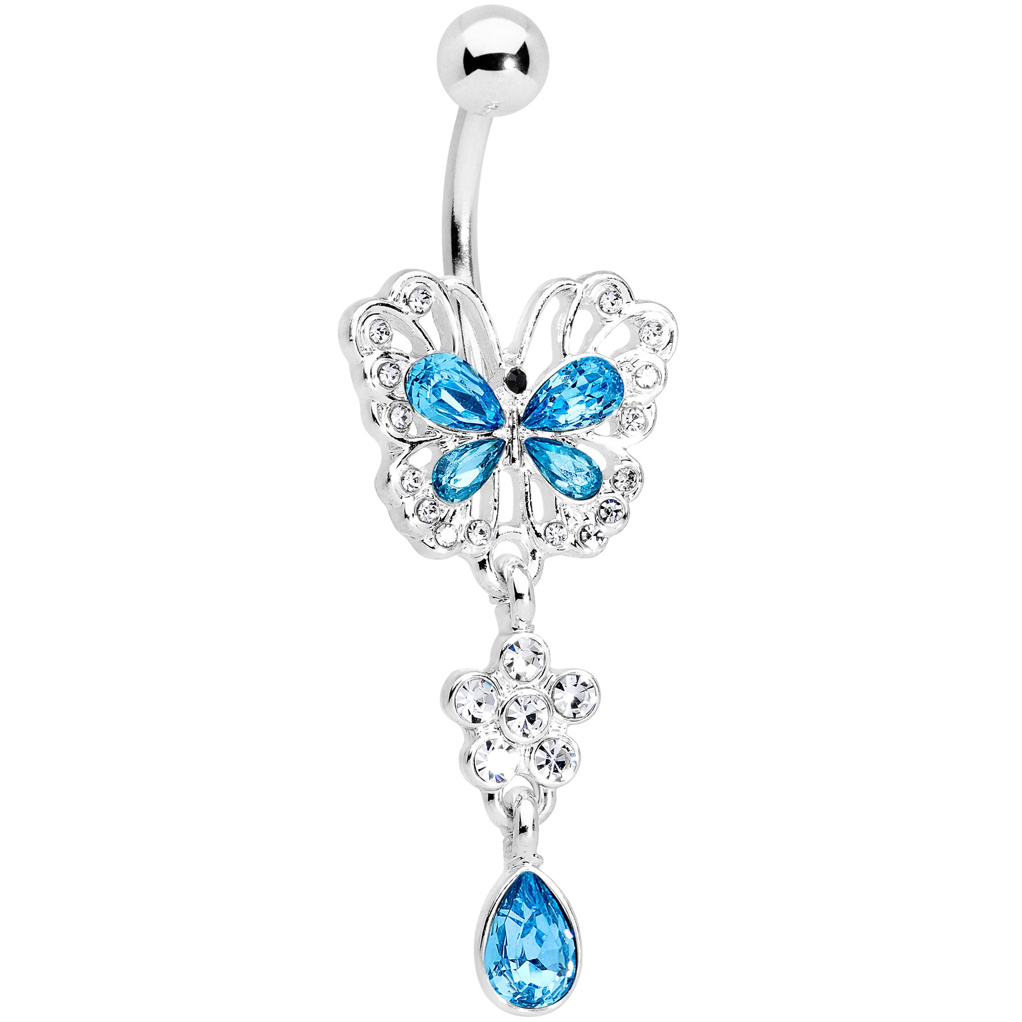 Clear Aqua Gem Lacy Butterfly Flower Drop Dangle Belly Ring