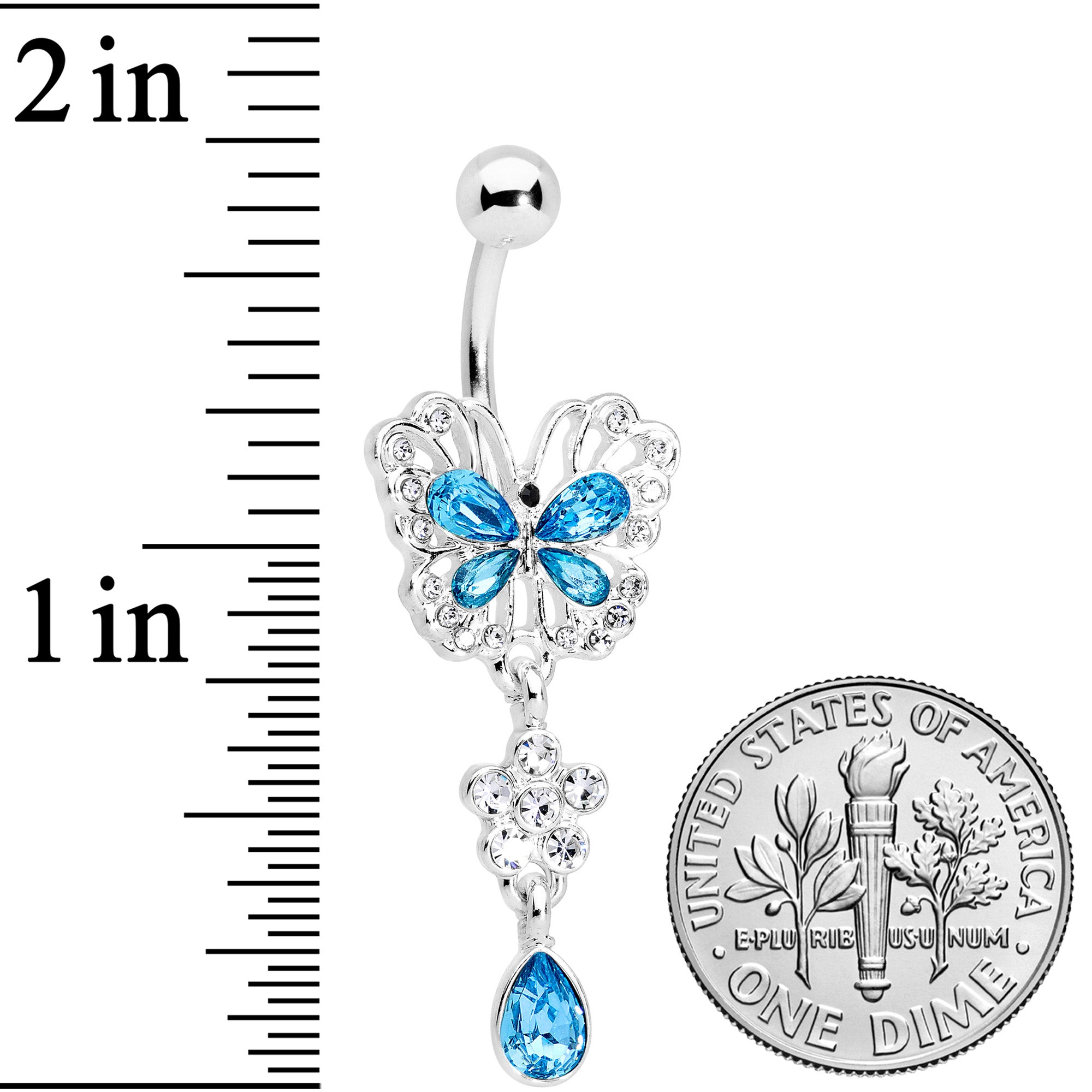 Clear Aqua Gem Lacy Butterfly Flower Drop Dangle Belly Ring