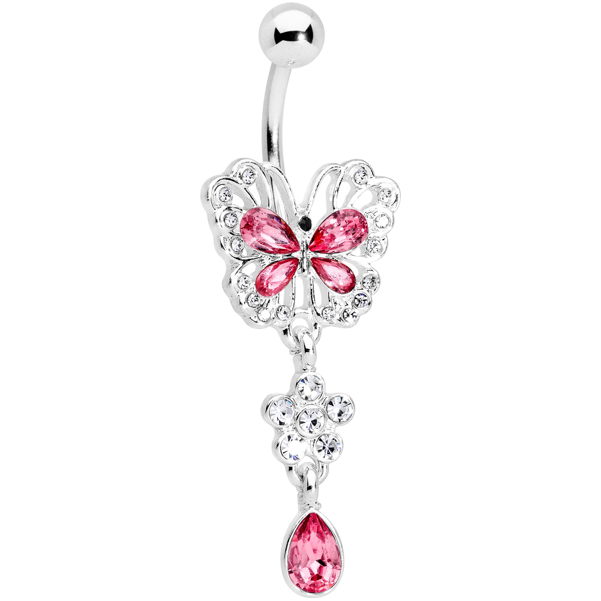 Clear Pink Gem Lacy Butterfly Flower Drop Dangle Belly Ring