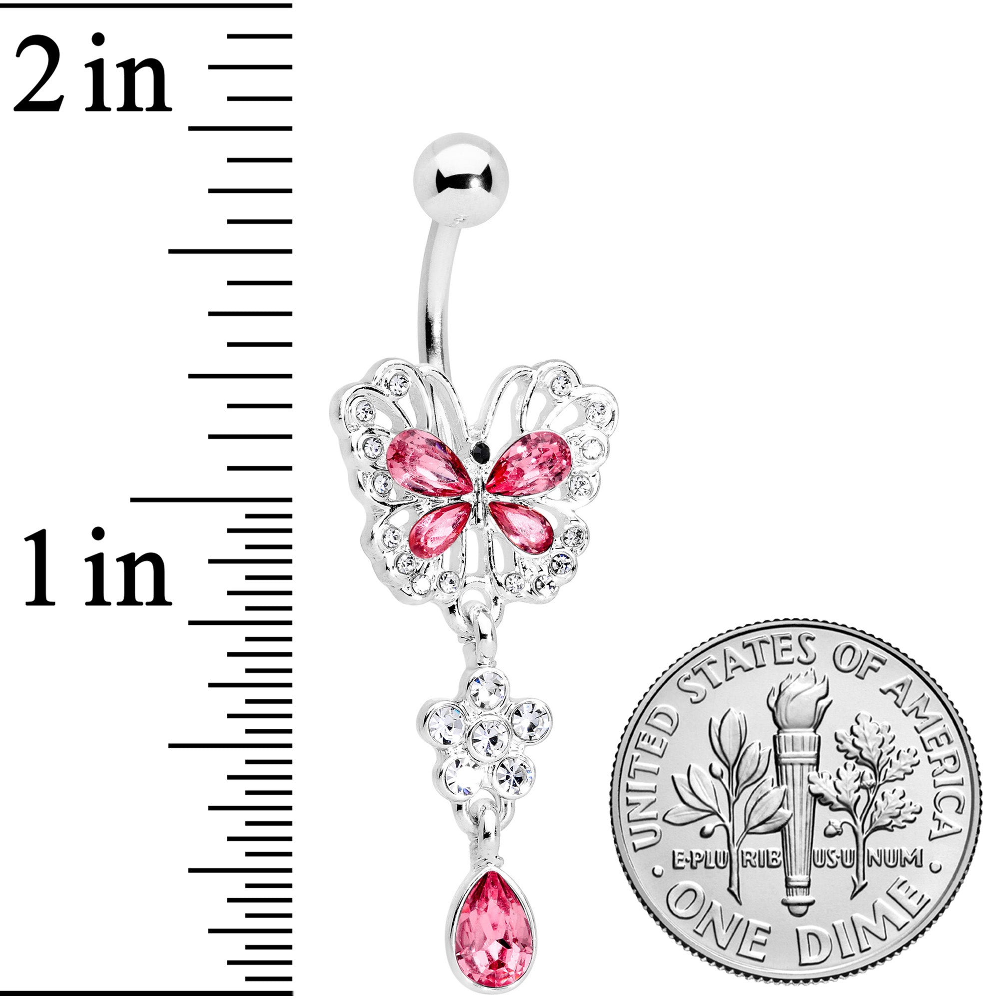 Clear Pink Gem Lacy Butterfly Flower Drop Dangle Belly Ring