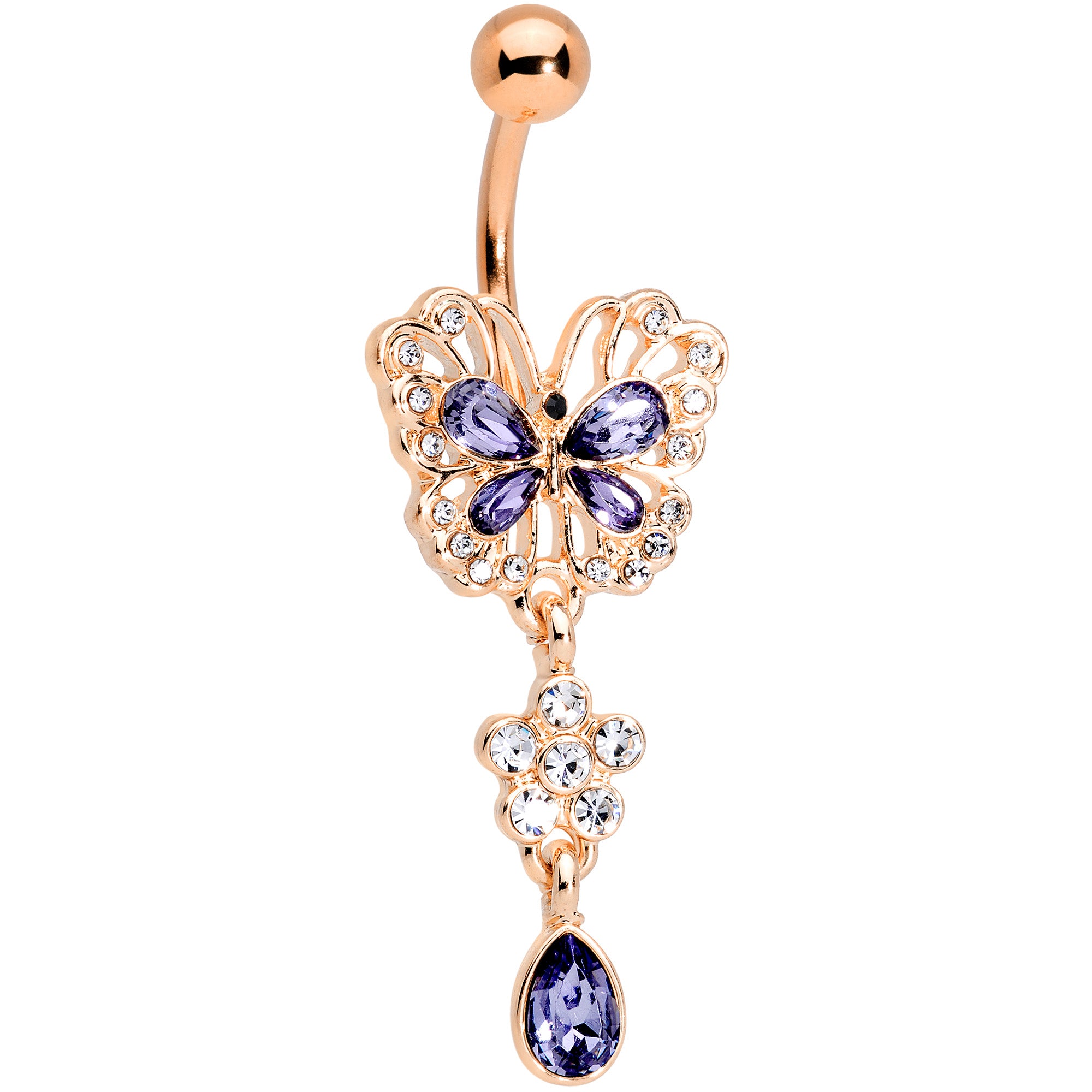 Purple Gem Rose Gold Tone Lacy Butterfly Flower Drop Dangle Belly Ring