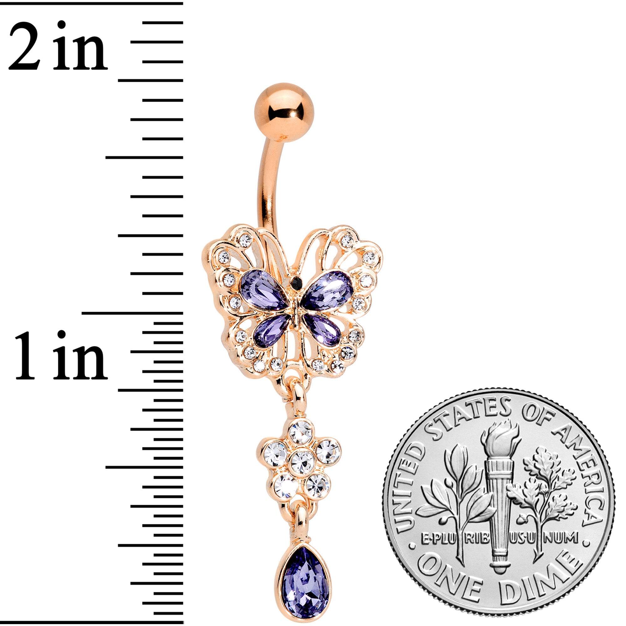 Purple Gem Rose Gold Tone Lacy Butterfly Flower Drop Dangle Belly Ring