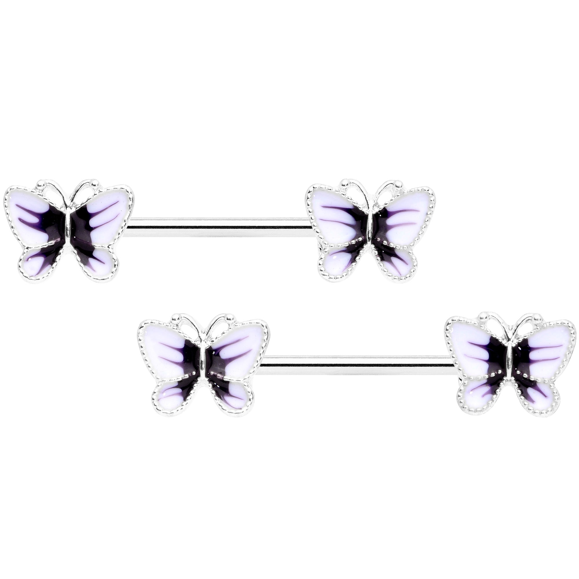 14 Gauge 9/16 White Purple Butterfly Barbell Nipple Set