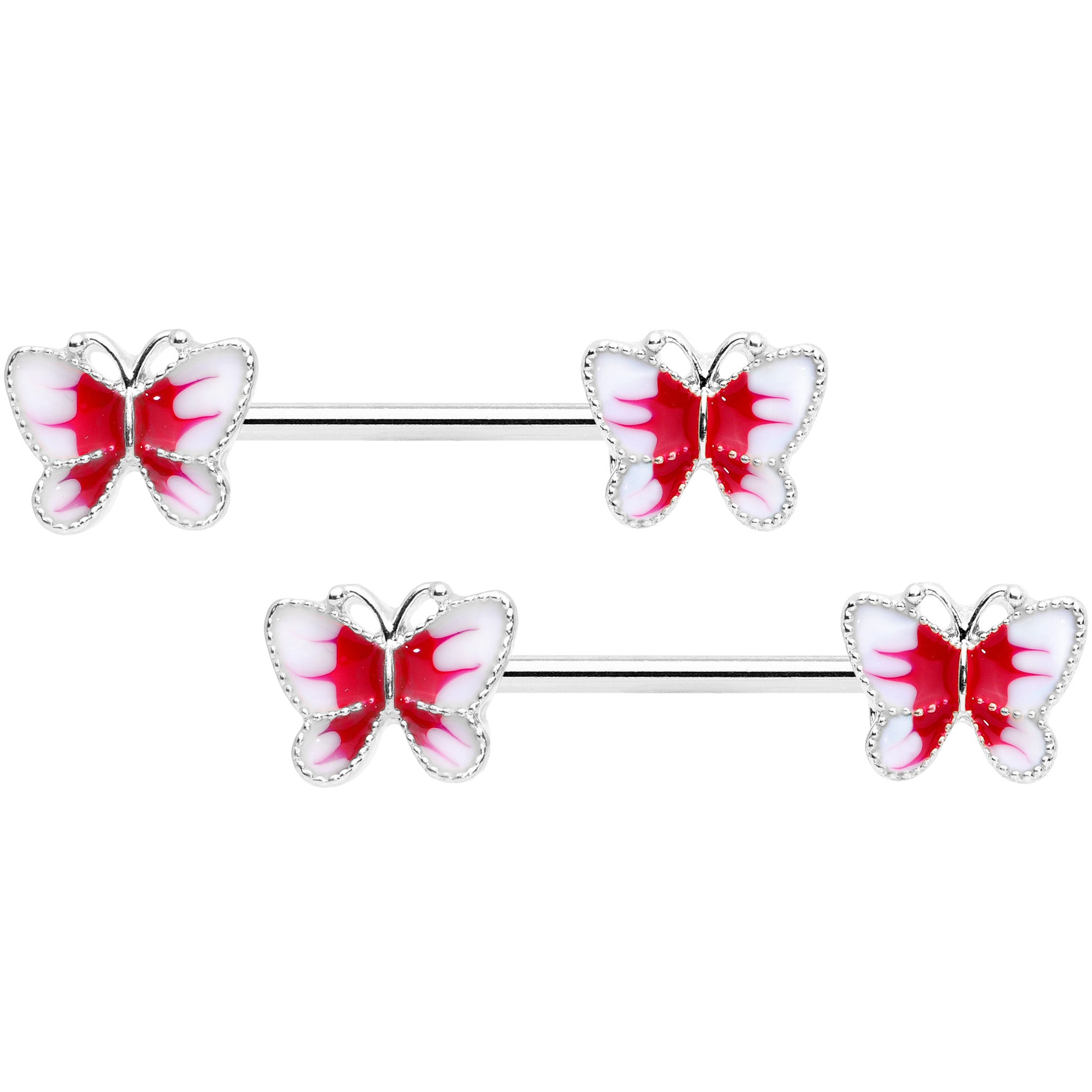 14 Gauge 9/16 White Red Butterfly Barbell Nipple Set