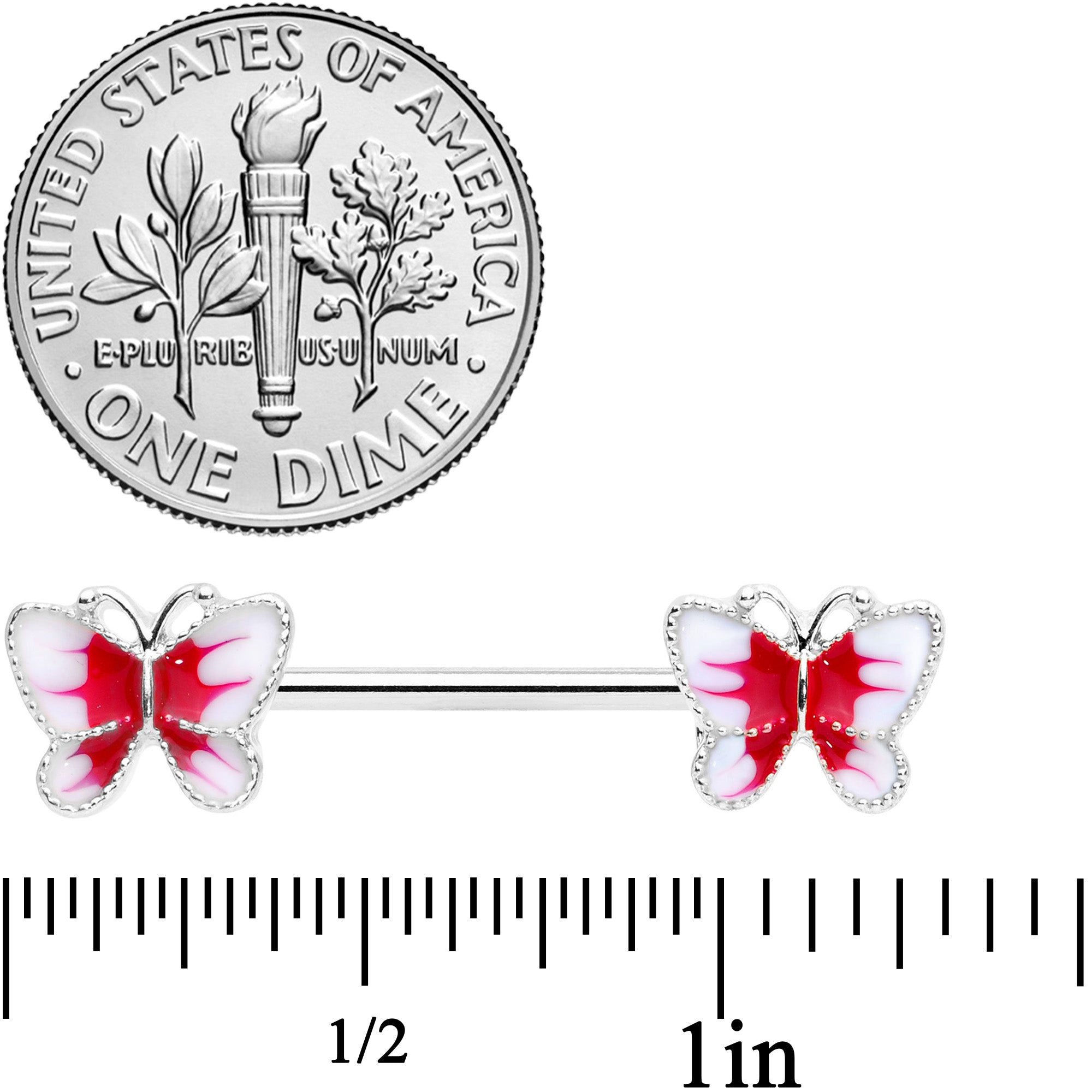 14 Gauge 9/16 White Red Butterfly Barbell Nipple Set