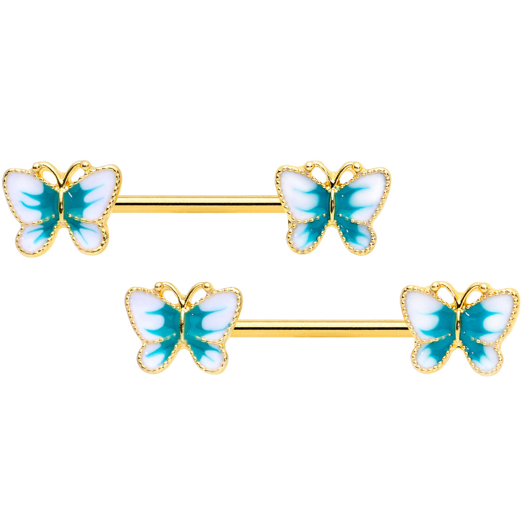 14 Gauge 9/16 Gold Tone White Green Butterfly Barbell Nipple Set