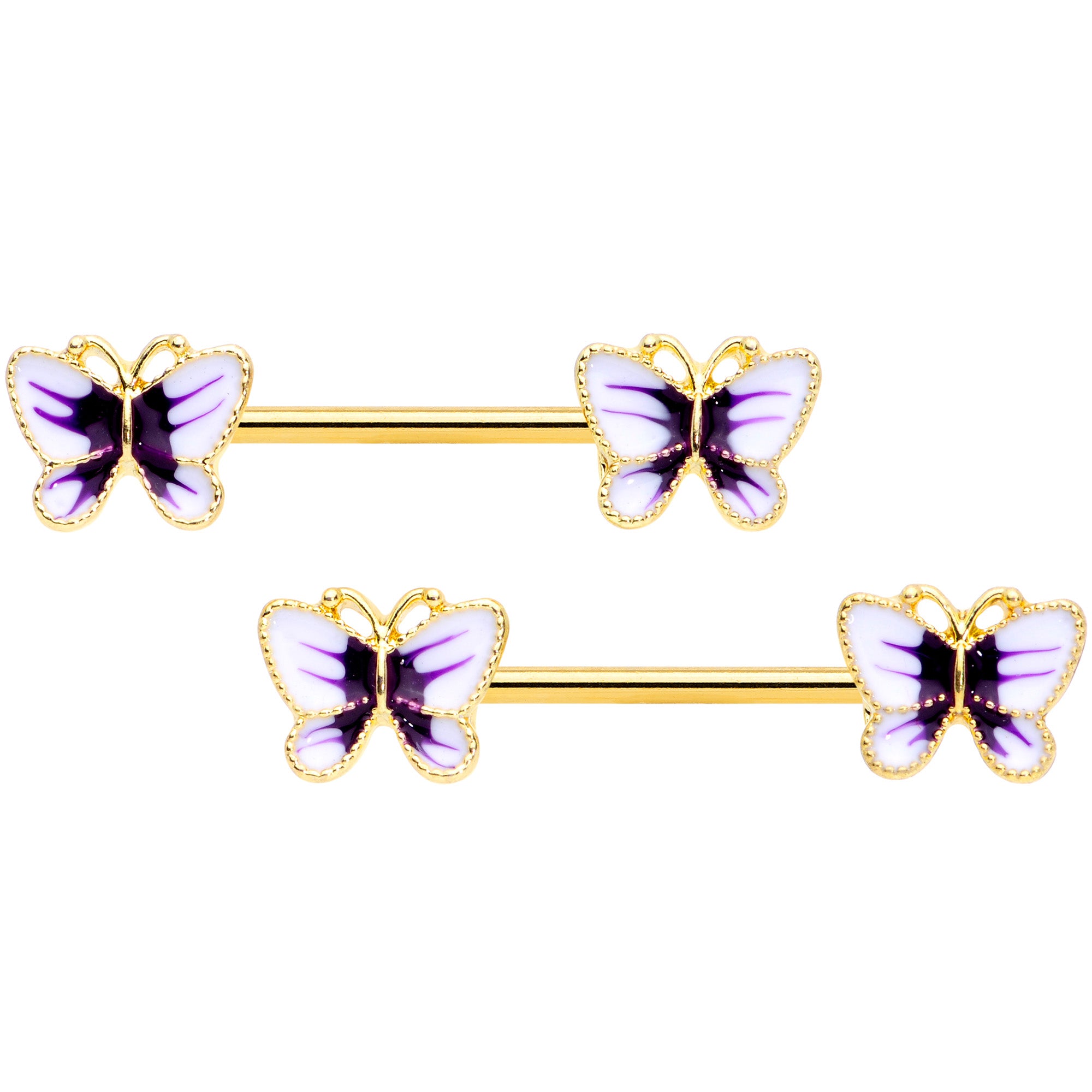 14 Gauge 9/16 Gold Tone White Purple Butterfly Barbell Nipple Set