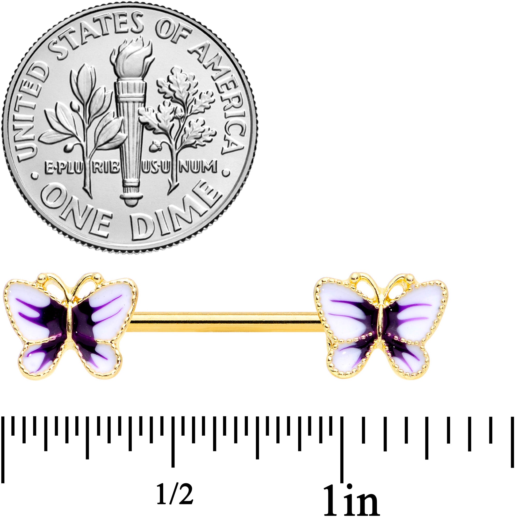 14 Gauge 9/16 Gold Tone White Purple Butterfly Barbell Nipple Set