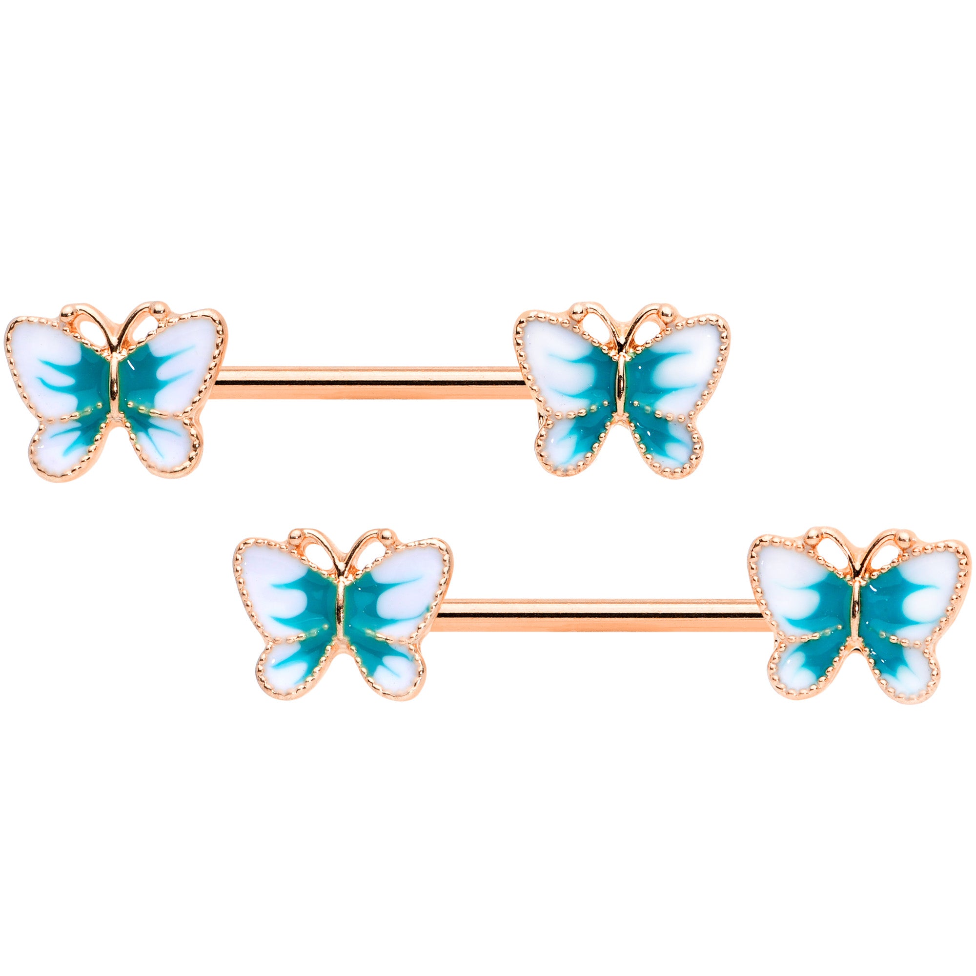 14 Gauge 9/16 Rose Gold Tone White Green Butterfly Barbell Nipple Set