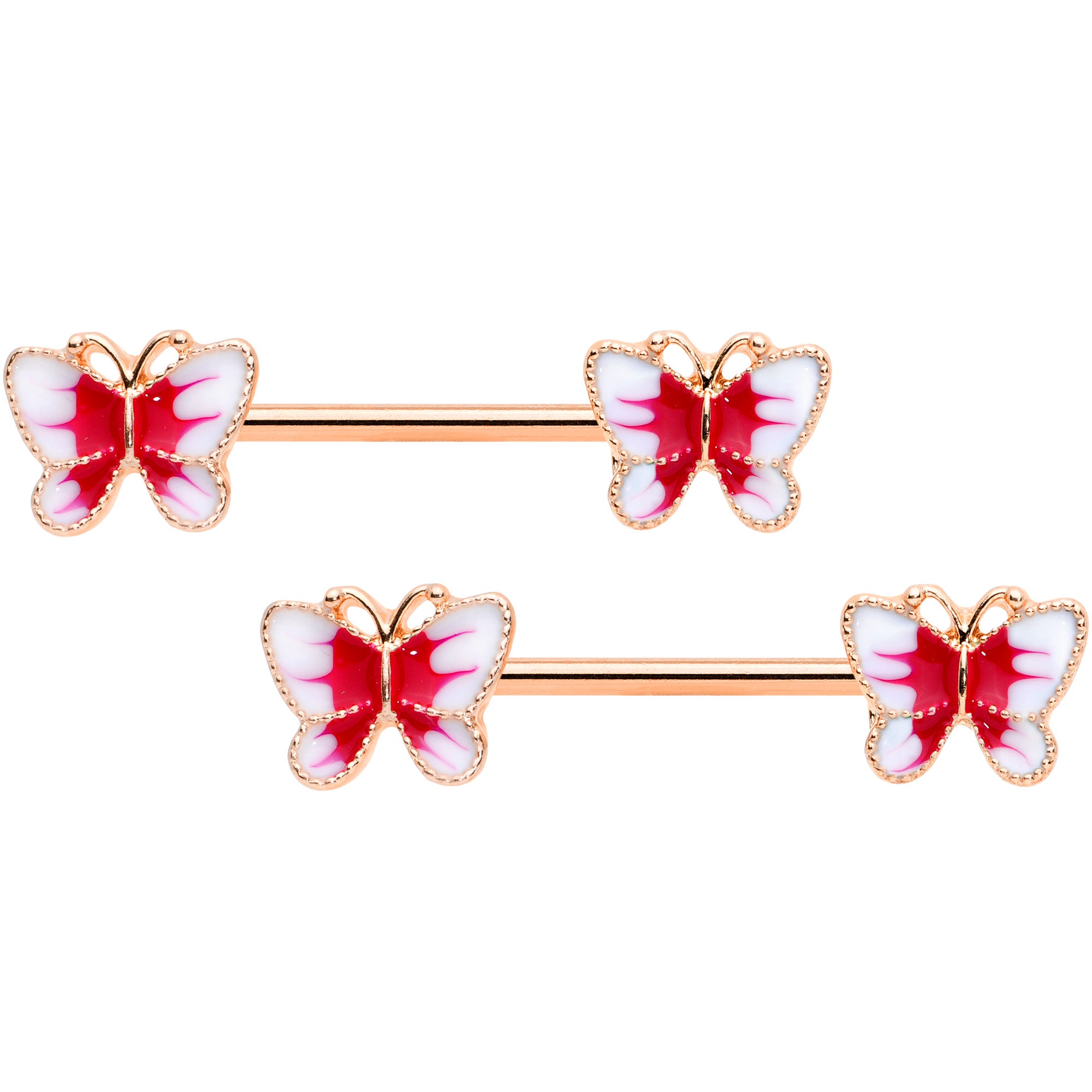 14 Gauge 9/16 Rose Gold Tone White Red Butterfly Barbell Nipple Set