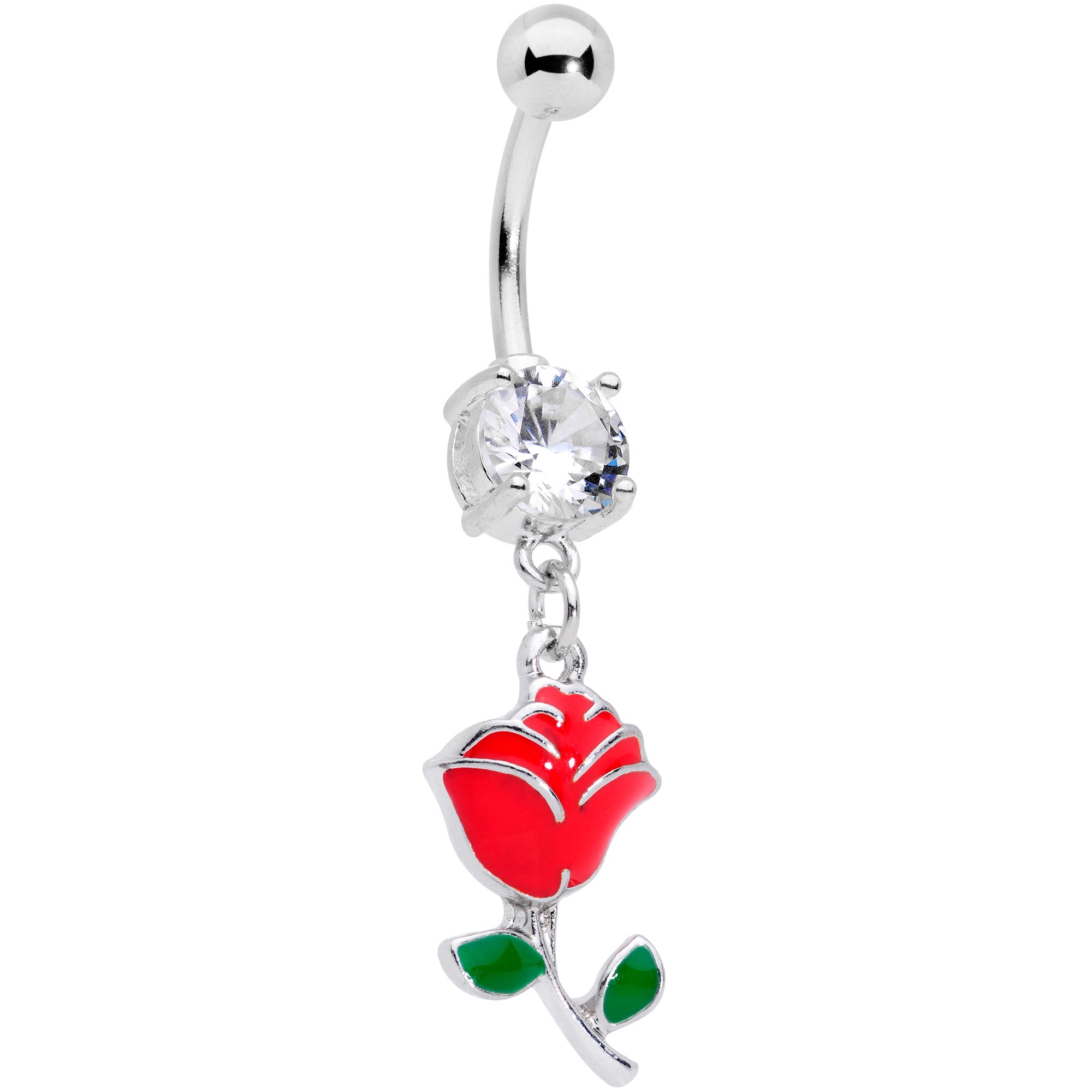 Clear Gem Valentines Day Red Rose Dangle Belly Ring