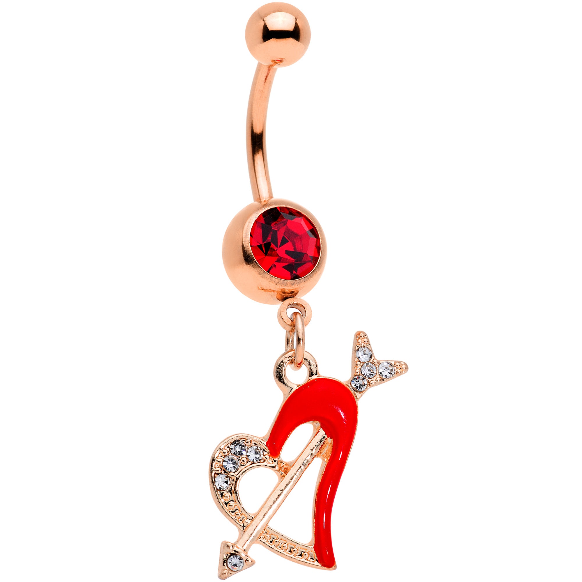 Clear Red Gem Rose Gold Tone Valentine Heart Dangle Belly Ring