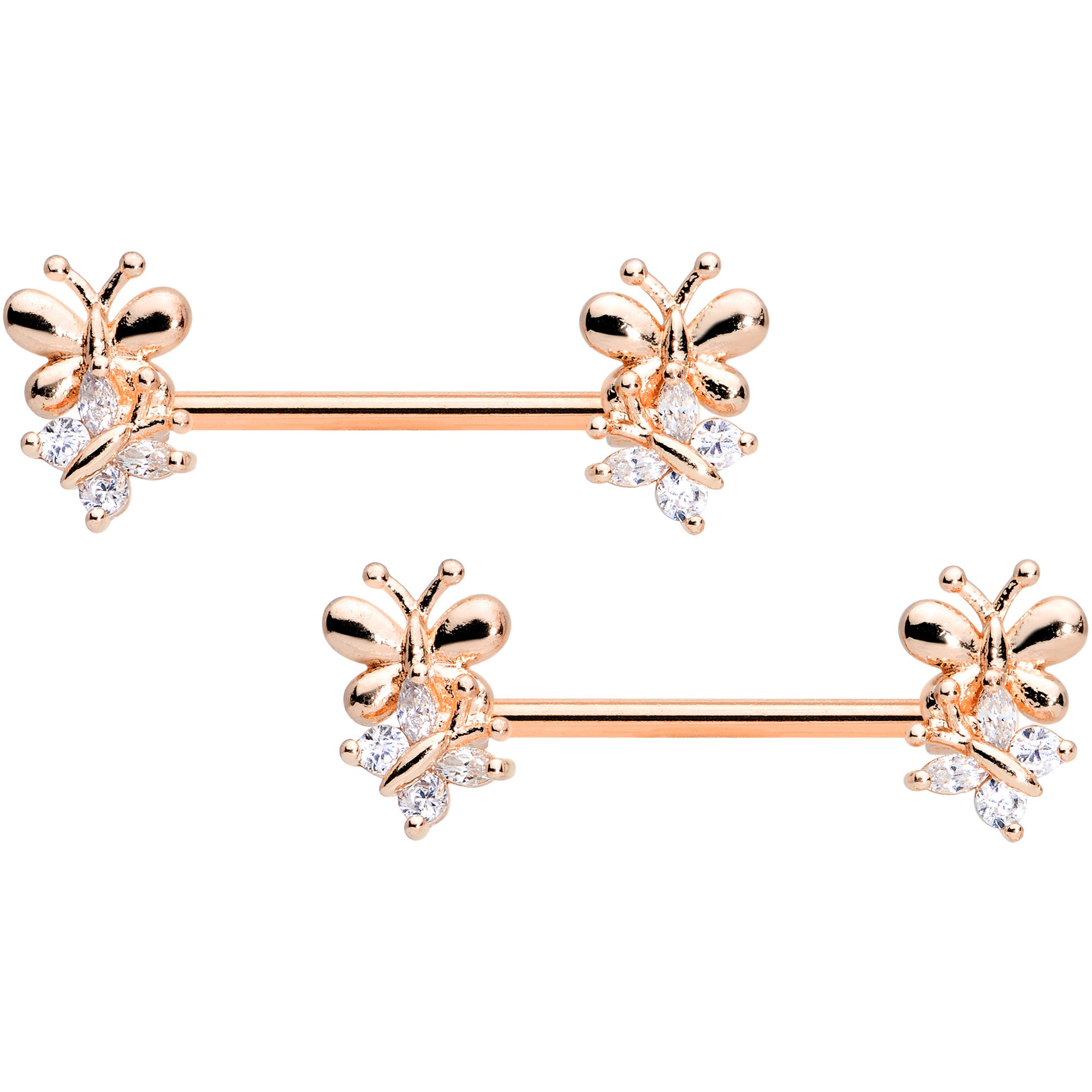 14 Gauge 5/8 Clear CZ Gem Rose Gold Tone Butterfly Barbell Nipple Set