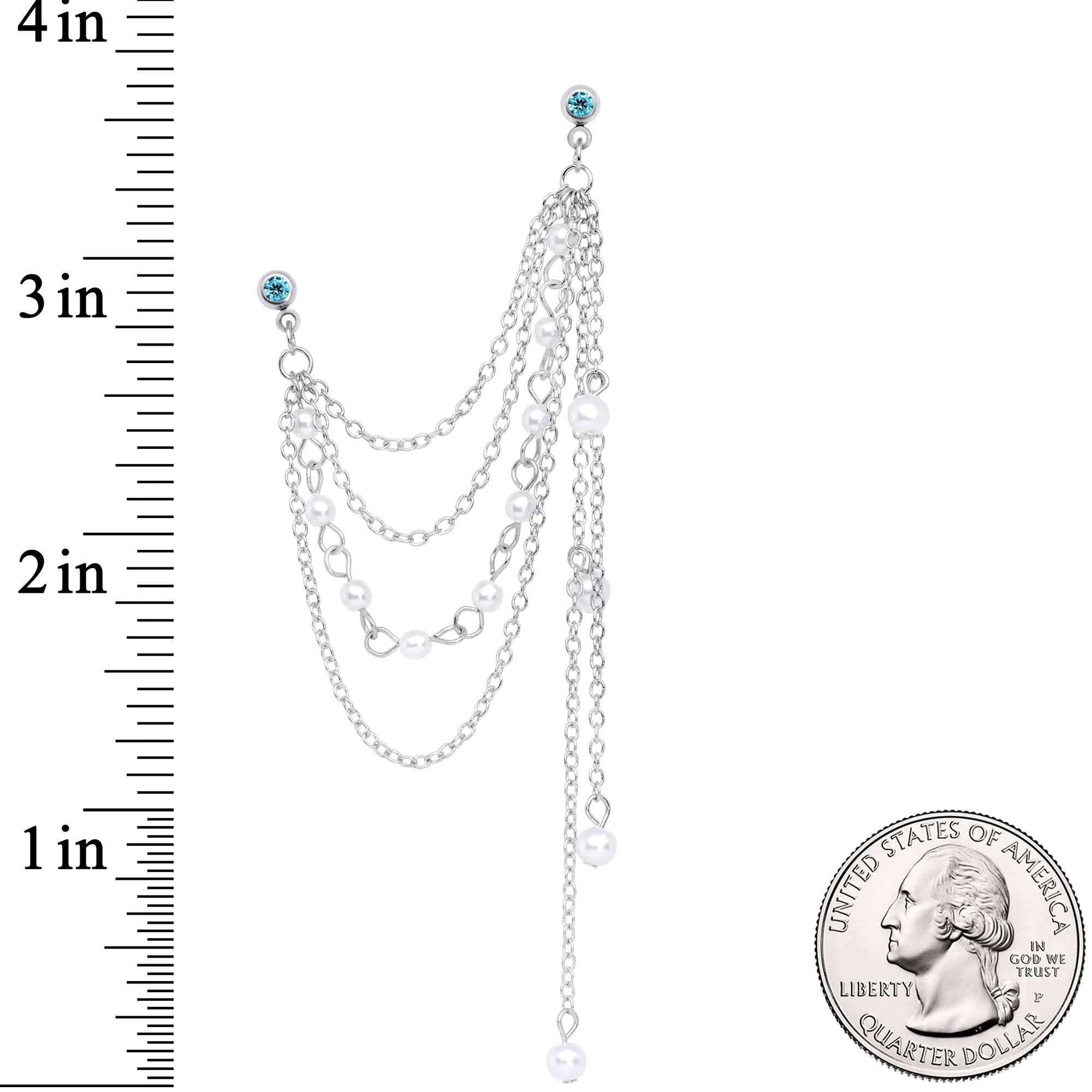 16 Gauge 1/4 Aqua Gem Multiple Dangle Cartilage Chain Earring