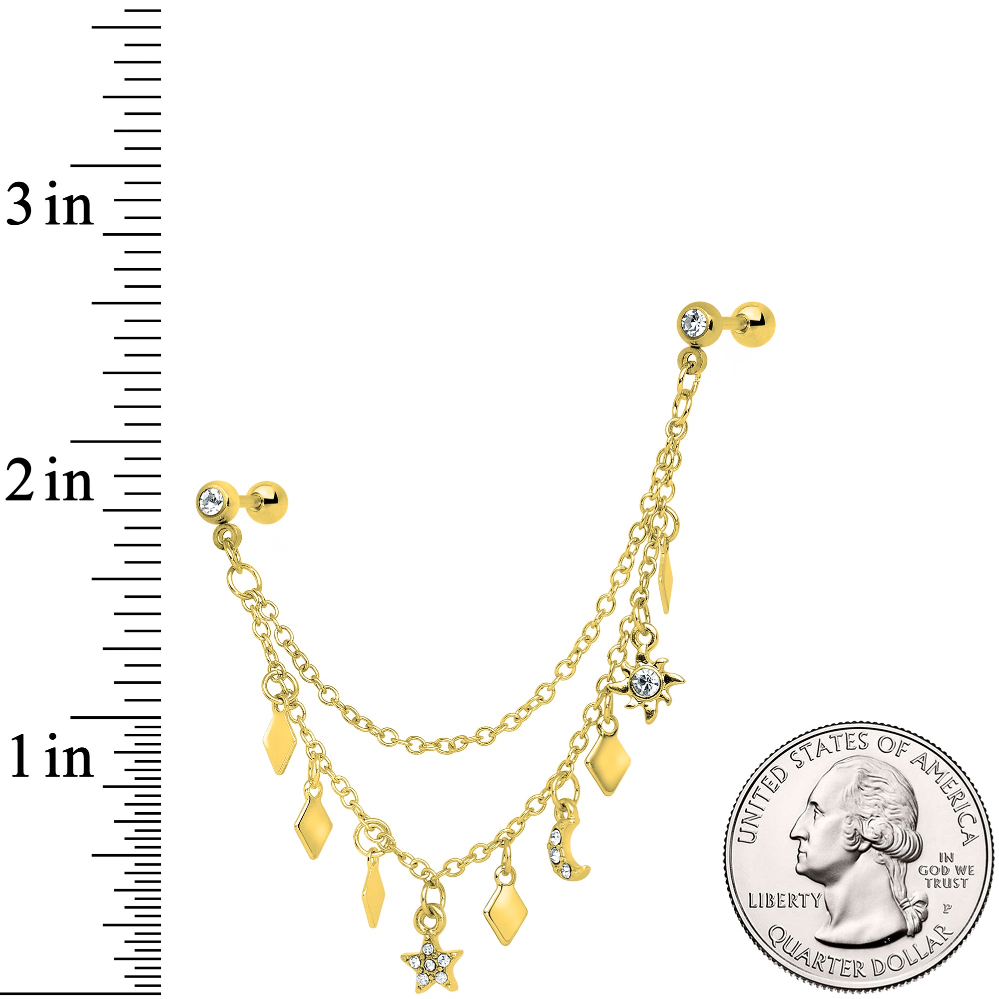 16 Gauge 1/4 Gold Tone Moon Sun Dangle Cartilage Chain Earring