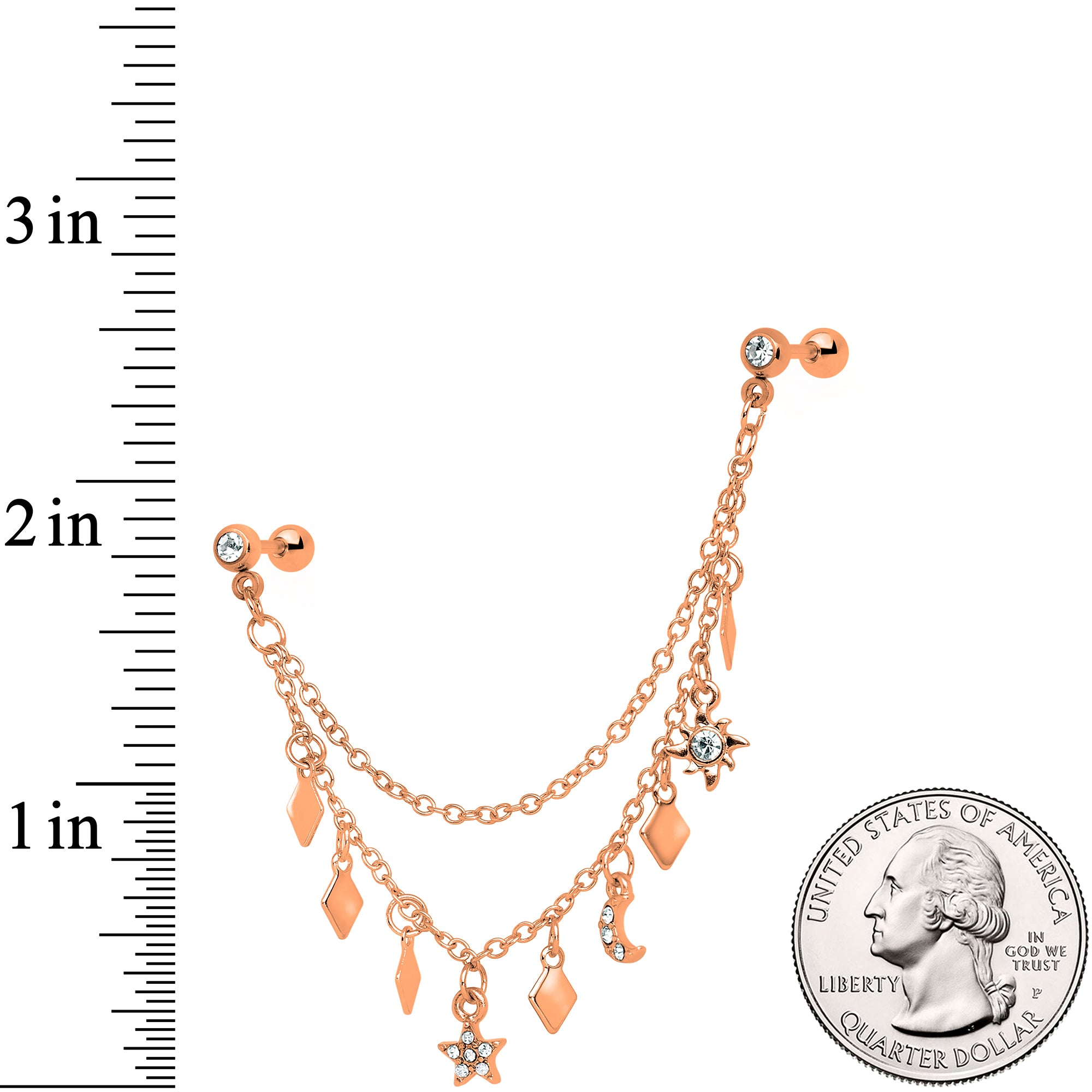 16 Gauge 1/4 Rose Gold Tone Moon Sun Dangle Cartilage Chain Earring