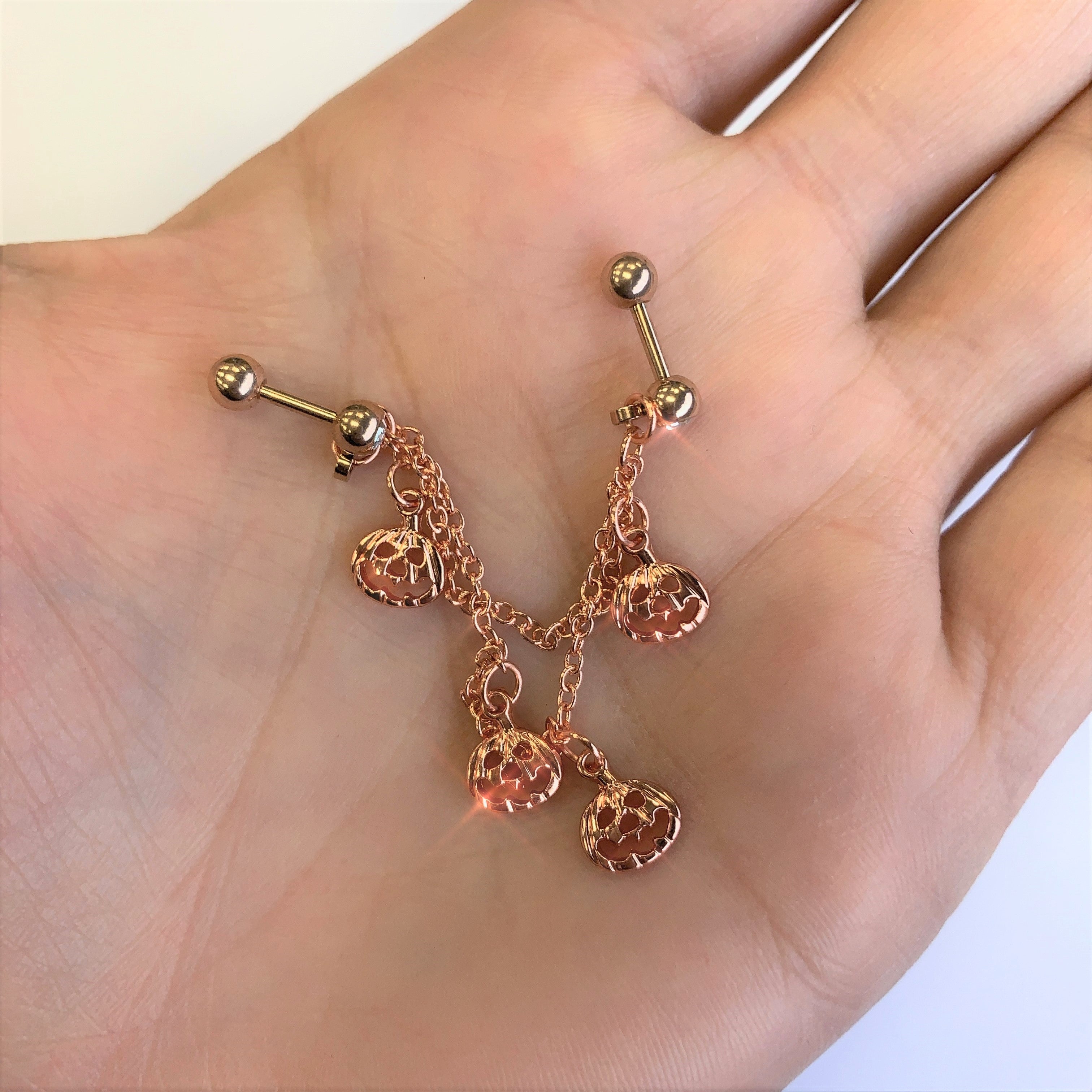 16 Gauge 1/4 Clear Gem Rose Gold Tone Pumpkin Cartilage Chain Earring