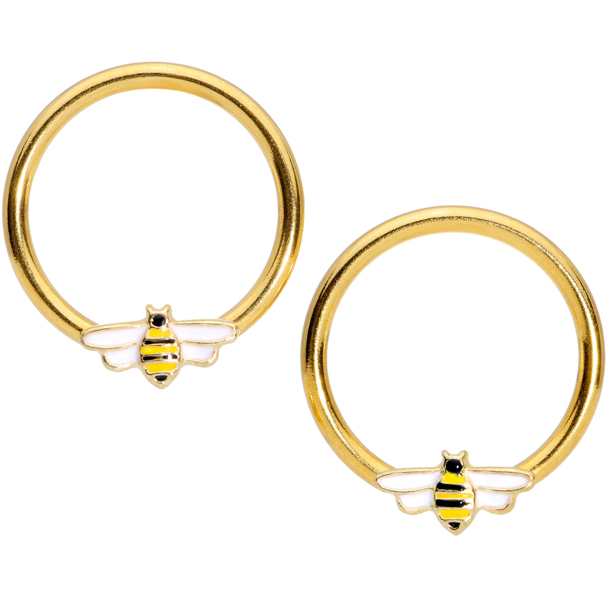 14 Gauge 9/16 Gold Tone Black White Bee BCR Captive Nipple Ring Set