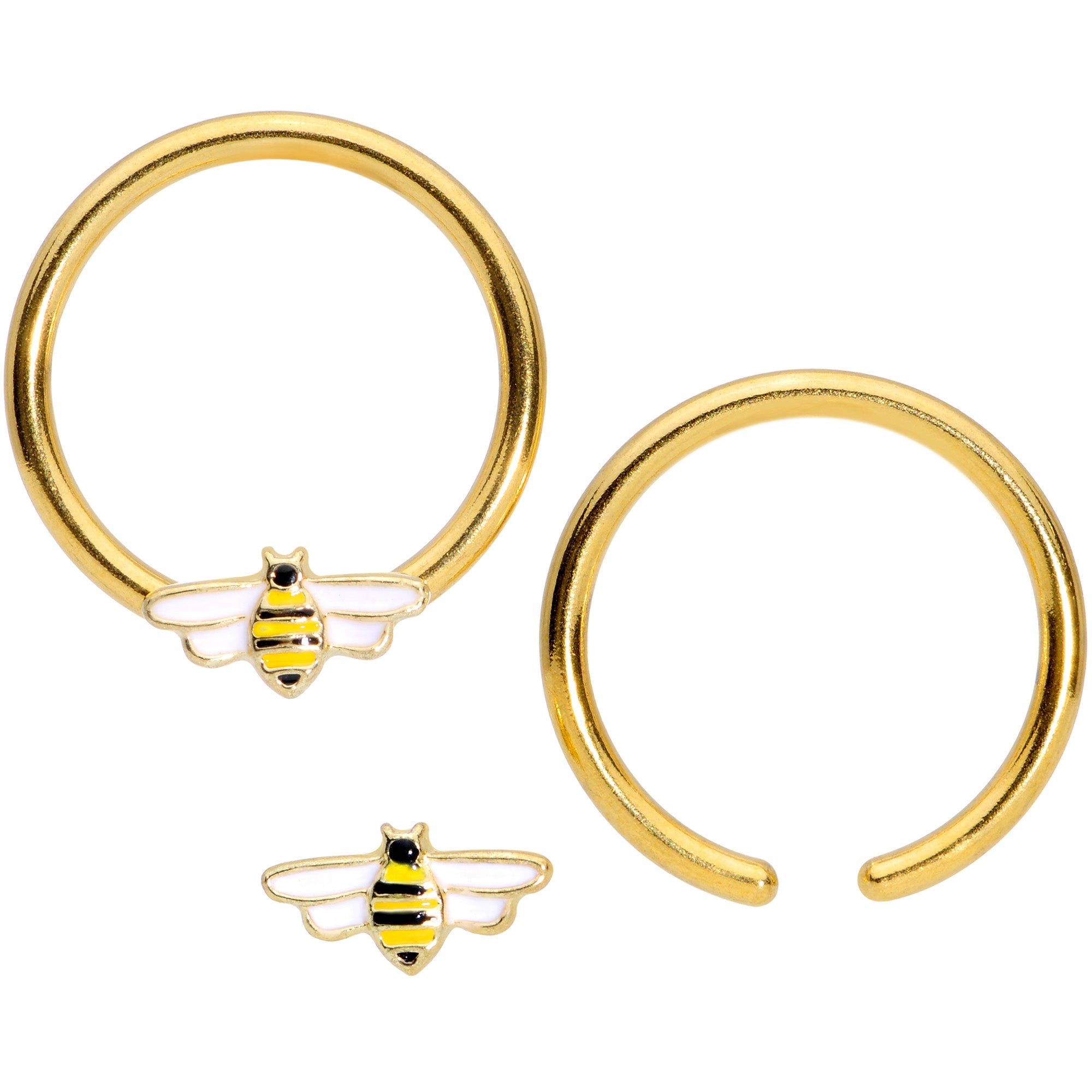 14 Gauge 9/16 Gold Tone Black White Bee BCR Captive Nipple Ring Set