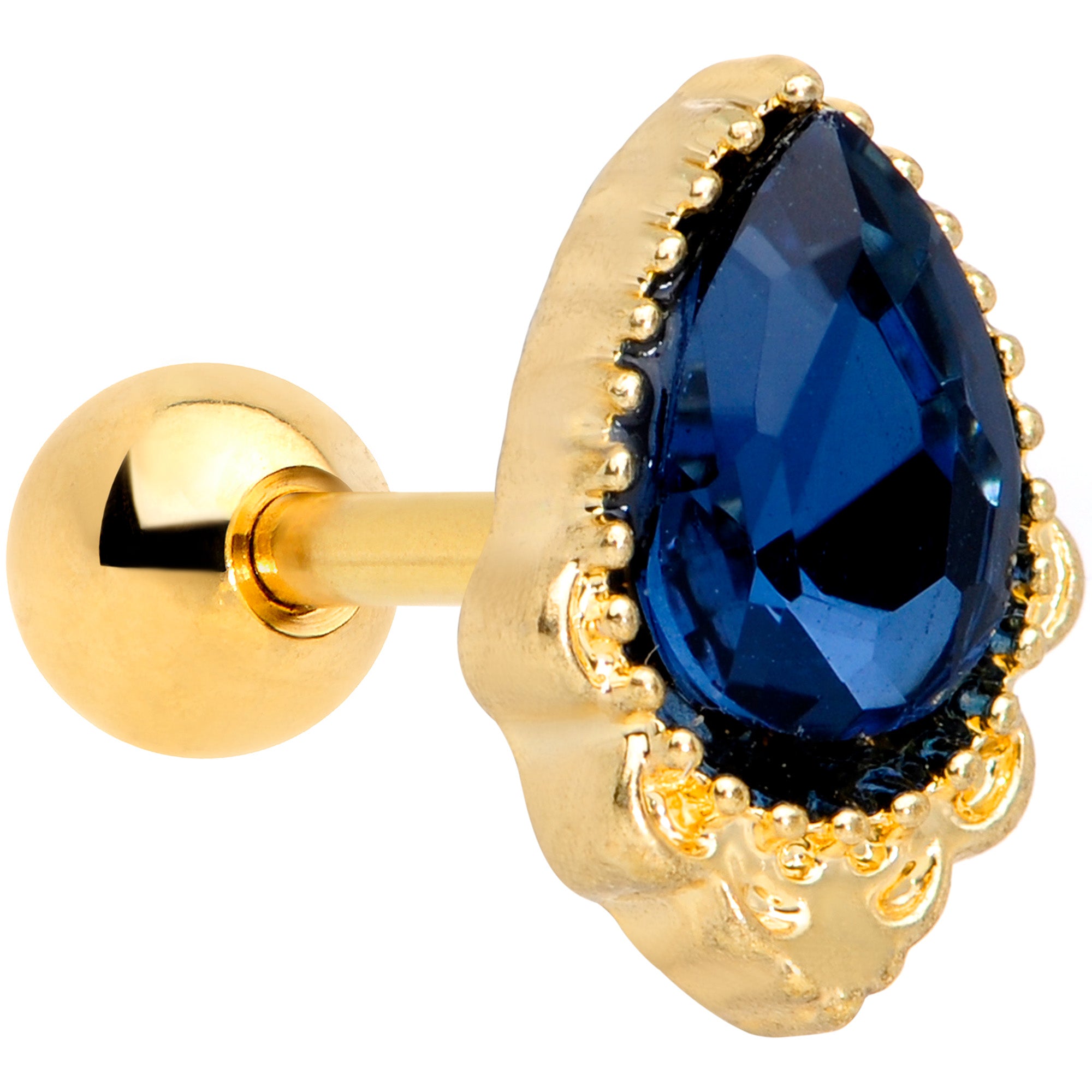 16 Gauge 1/4 Blue Gem Gold Tone Noble Drop Cartilage Tragus Earring