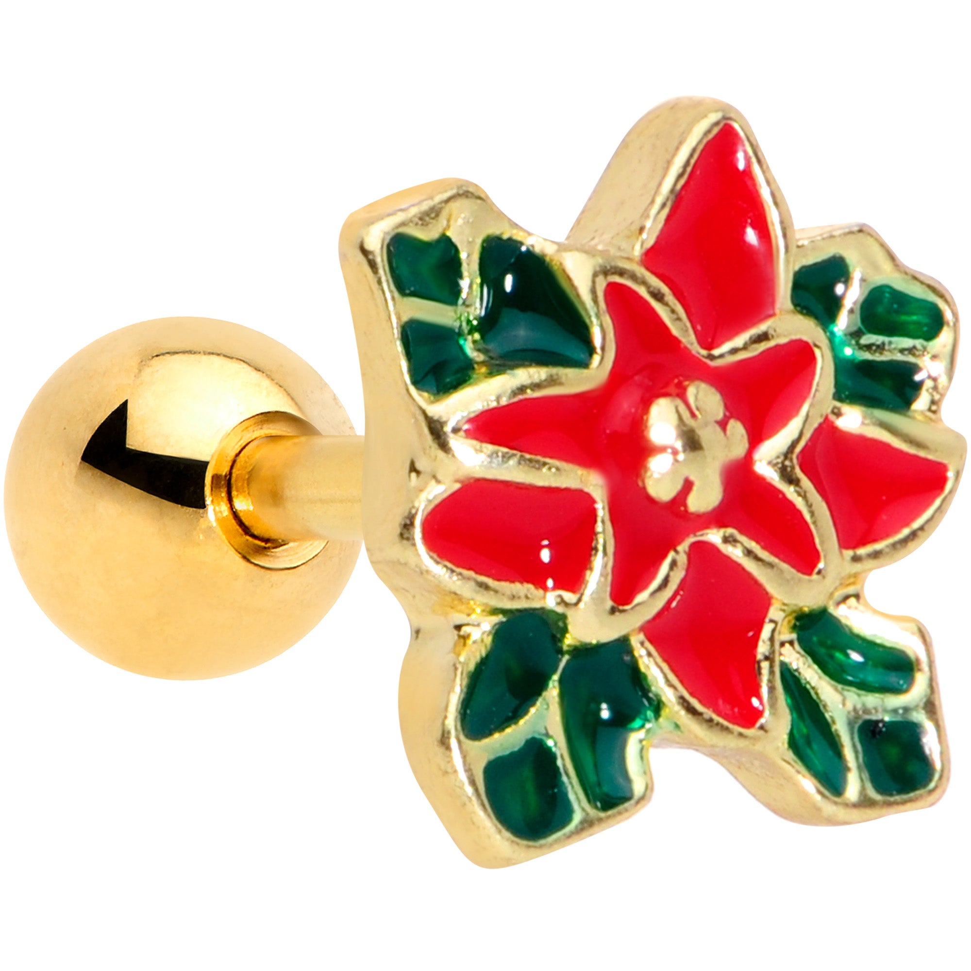 16 Gauge 1/4 Gold Tone Poinsettia Christmas Cartilage Tragus Earring