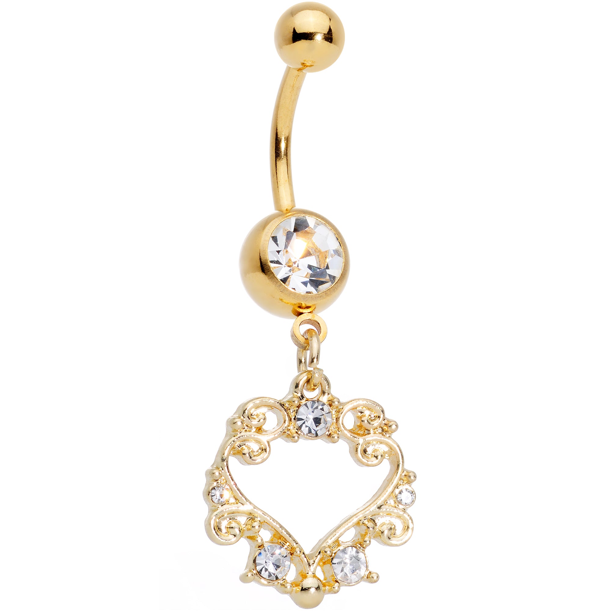 Clear CZ Gem Gold Tone Ornate Heart Dangle Belly Ring