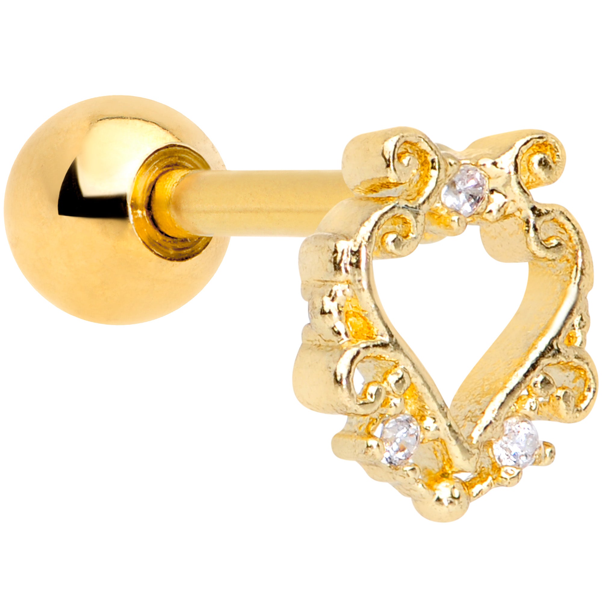 16 gauge 1/4 Clear CZ Gem Gold Tone Fancy Heart Cartilage Tragus