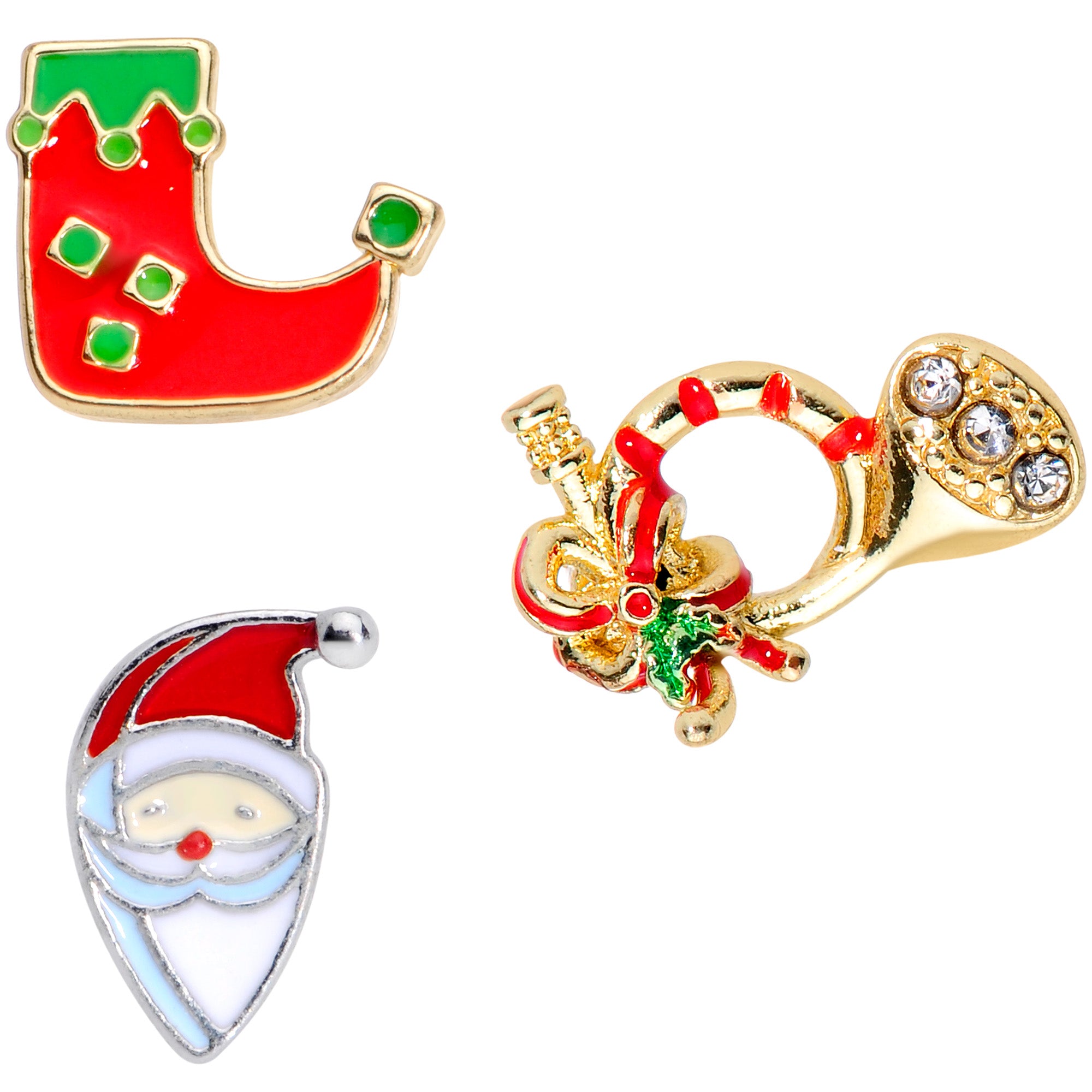 16 Gauge 1/4 Gold Tone Santa Merry Christmas Cartilage Tragus Set of 3