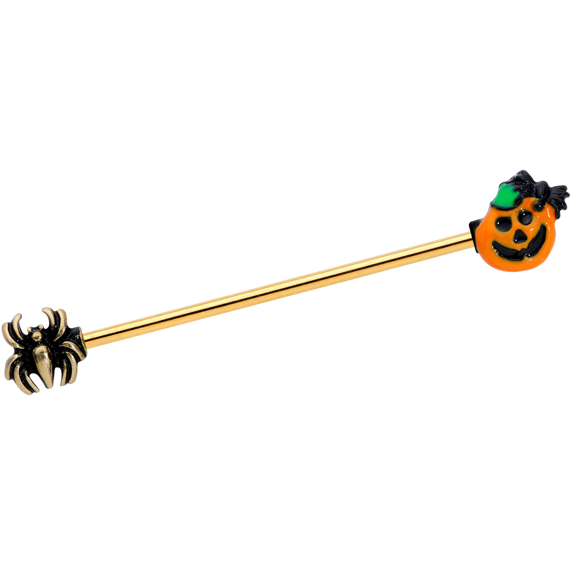 14 Gauge Gold Tone Spider Pumpkin Halloween Industrial Barbell 38mm