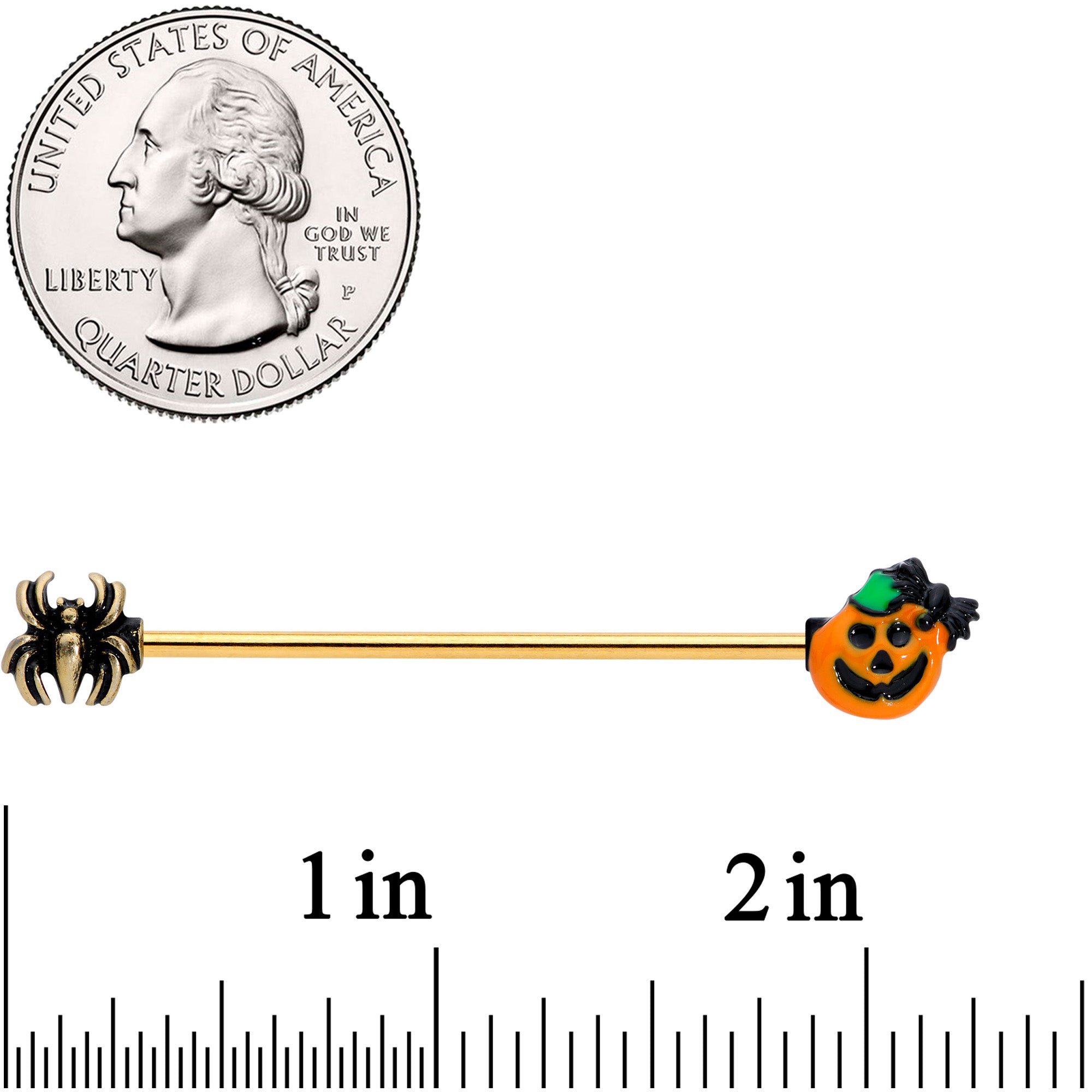 14 Gauge Gold Tone Spider Pumpkin Halloween Industrial Barbell 38mm