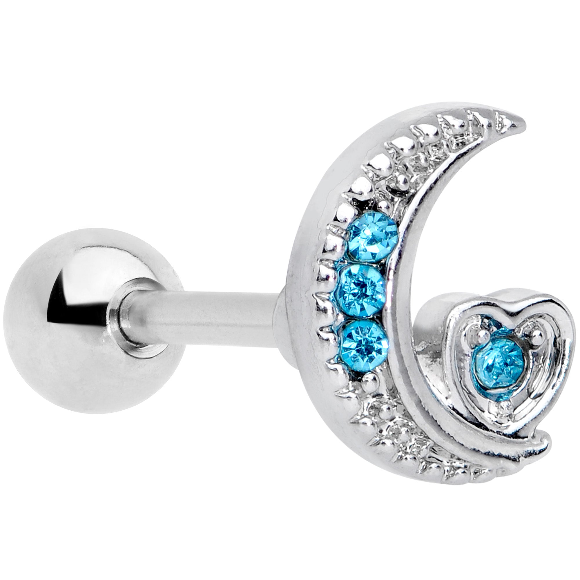 16 Gauge 1/4 Blue CZ Gem Moon and Heart Cartilage Tragus Earring