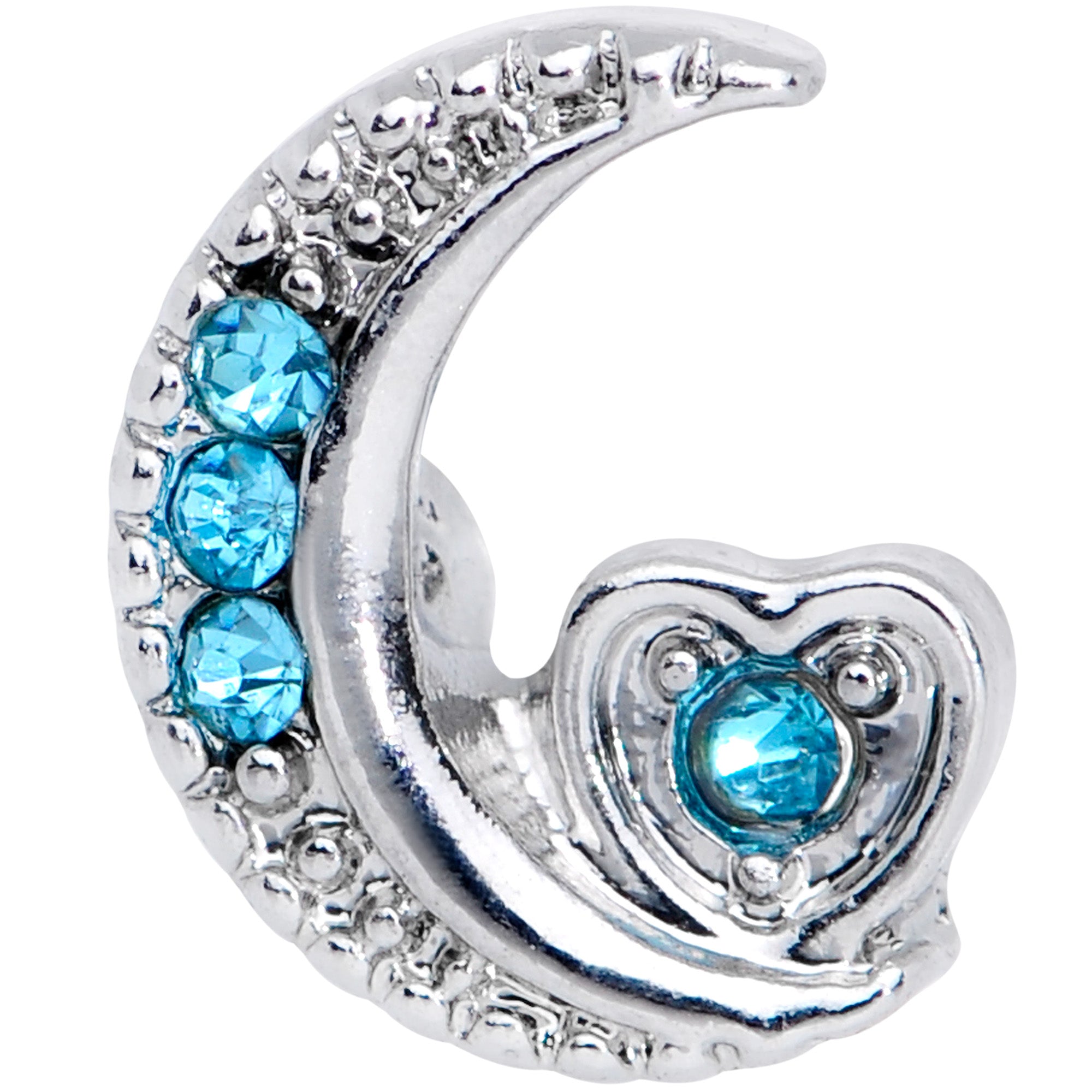 16 Gauge 1/4 Blue CZ Gem Moon and Heart Cartilage Tragus Earring