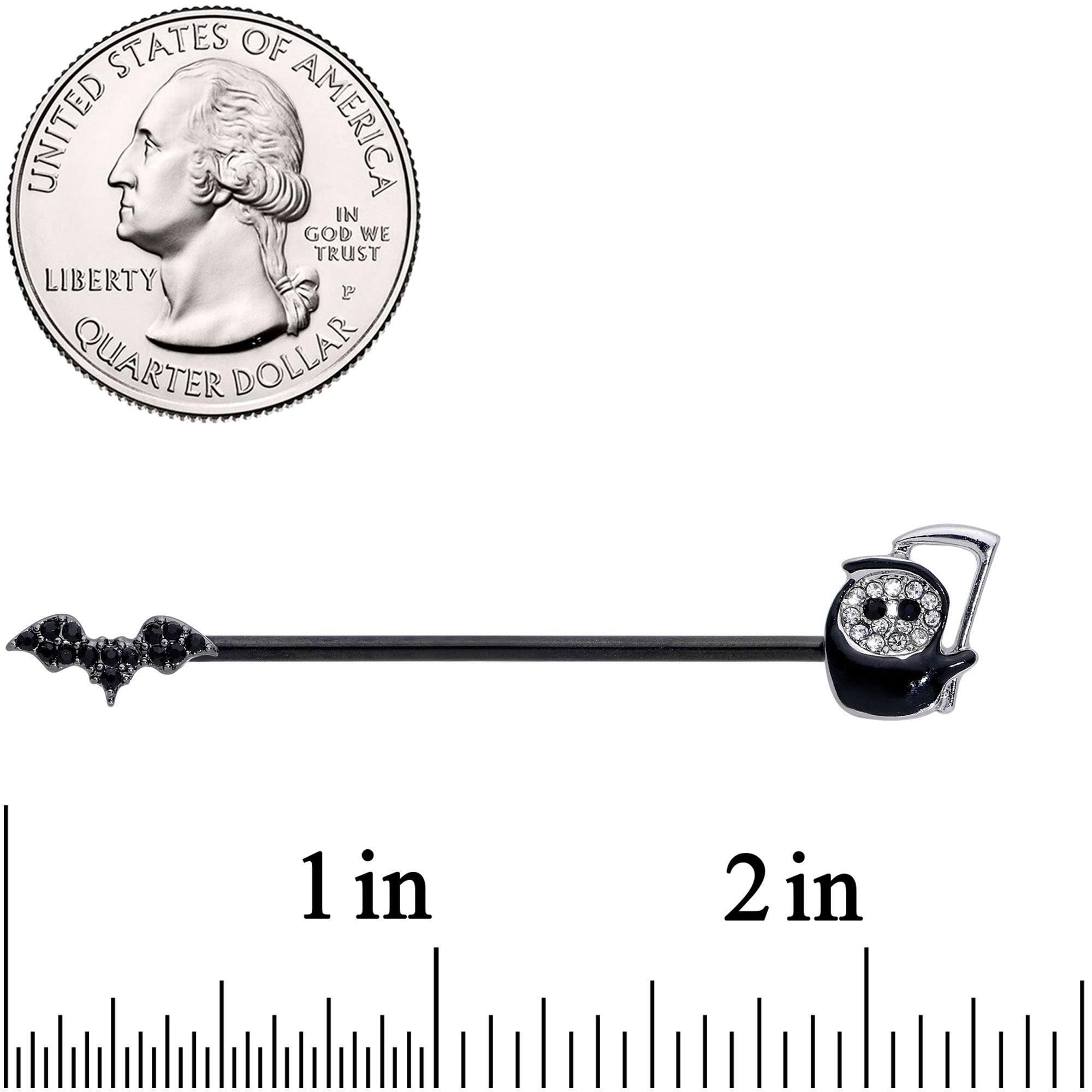 14 Gauge Clear Black Gem Reaper Bat Halloween Industrial Barbell 38mm