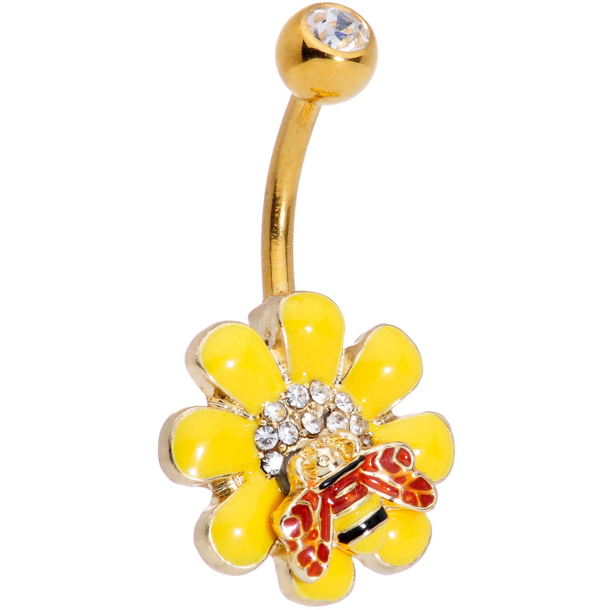 Clear Gem Gold Tone Red Yellow Bee Flower Belly Ring