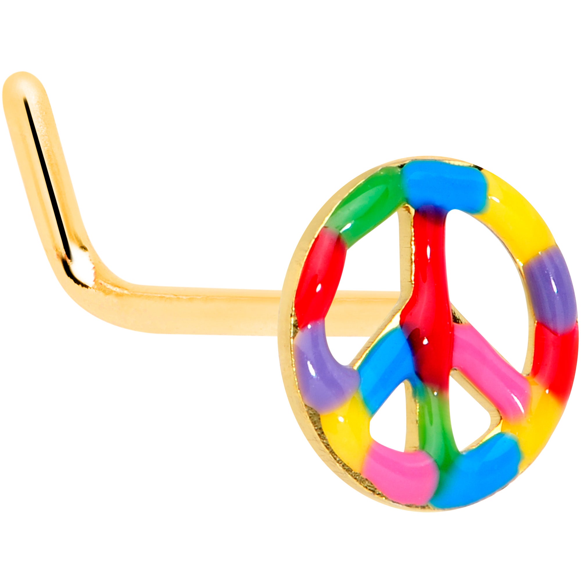 22 Gauge 5/16 Gold Tone Rainbow Hippie Peace Sign L Shaped Nose Ring