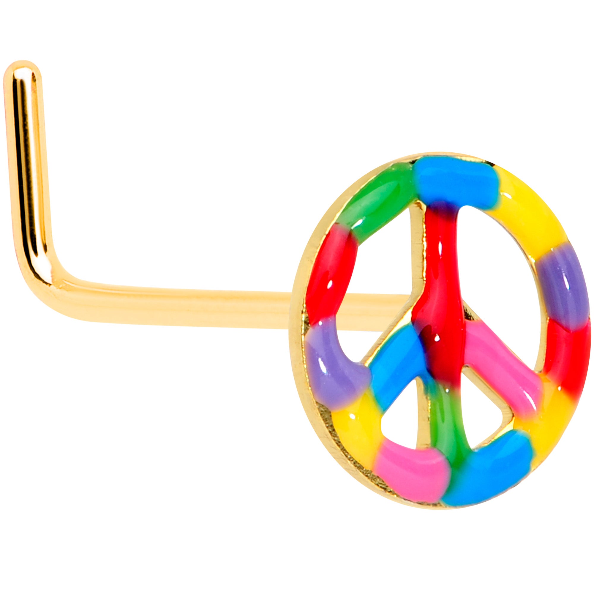 20 Gauge 5/16 Gold Tone Rainbow Hippie Peace Sign L Shaped Nose Ring