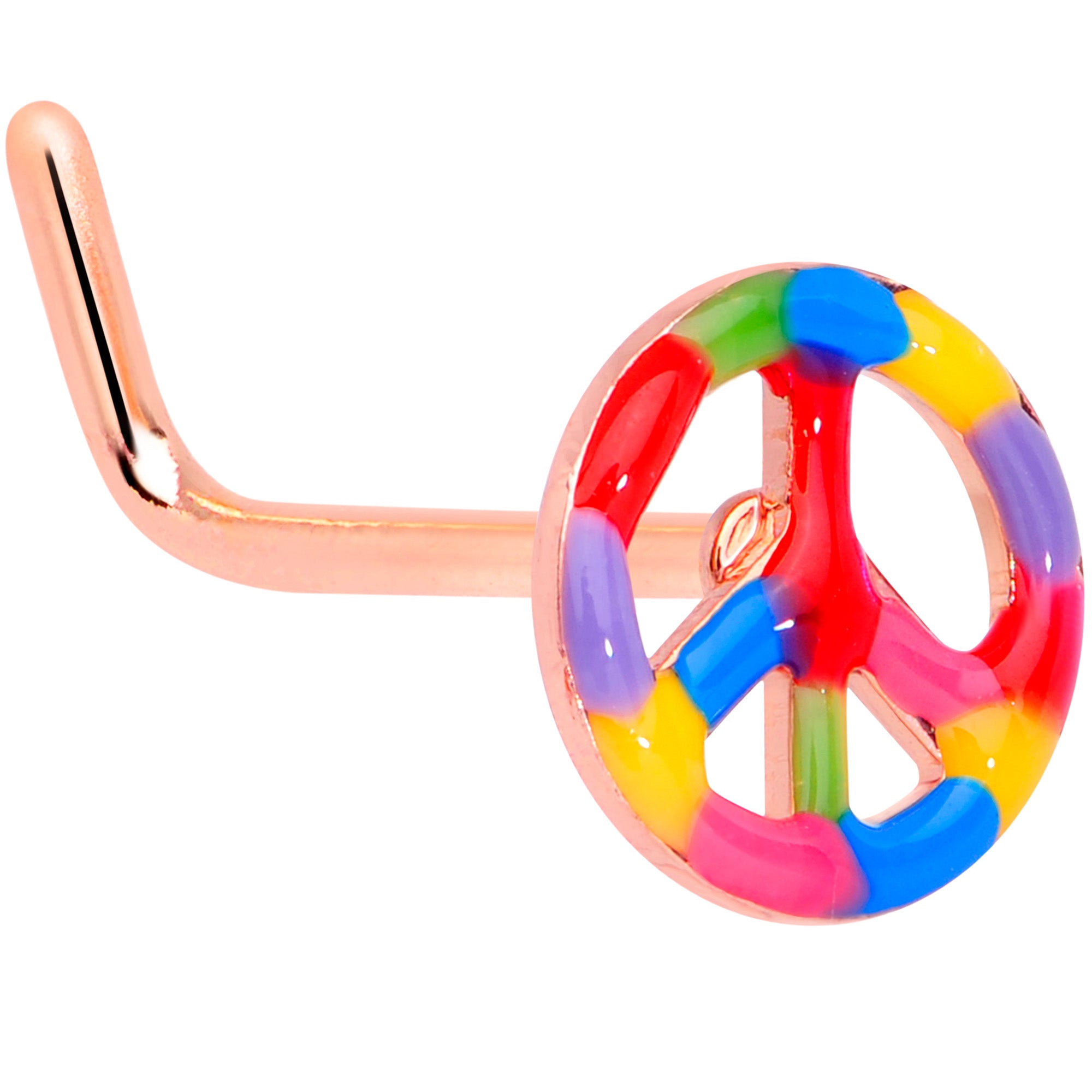 20 Gauge 5/16 Rose Gold Tone Rainbow Peace Sign L Shaped Nose Ring