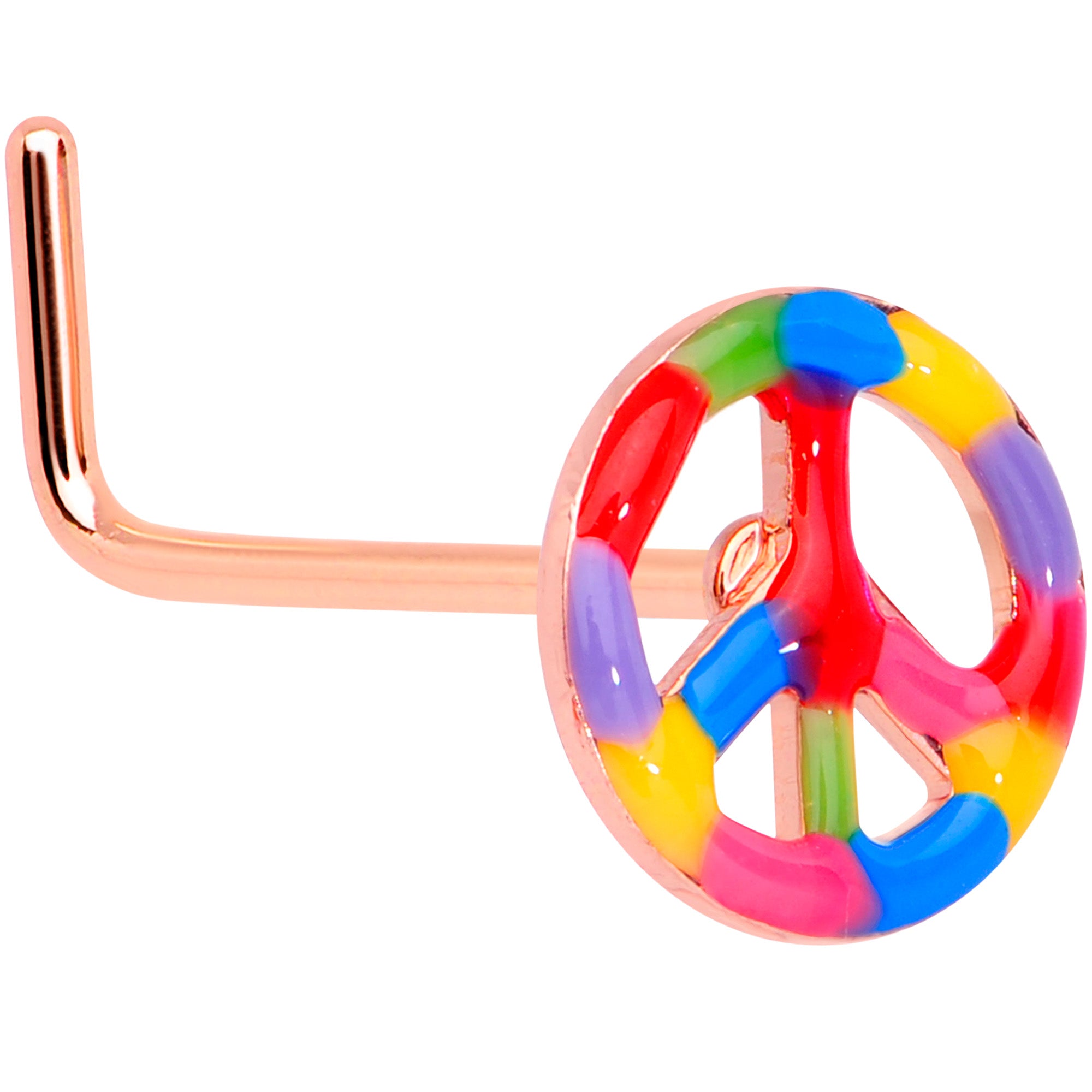 22 Gauge 5/16 Rose Gold Tone Rainbow Peace Sign L Shaped Nose Ring