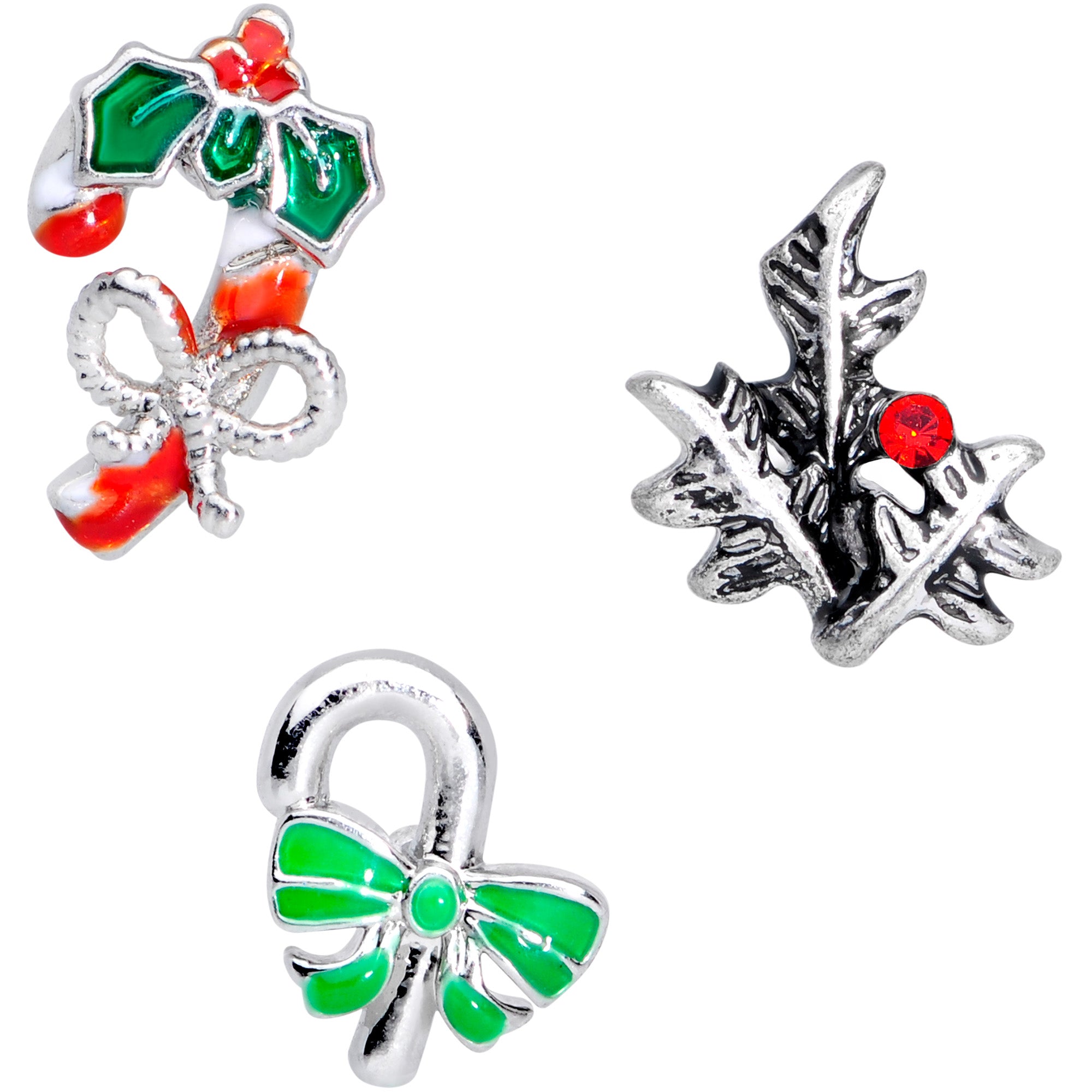 16 Gauge 1/4 Holly Candy Cane Christmas Cartilage Tragus Set of 3