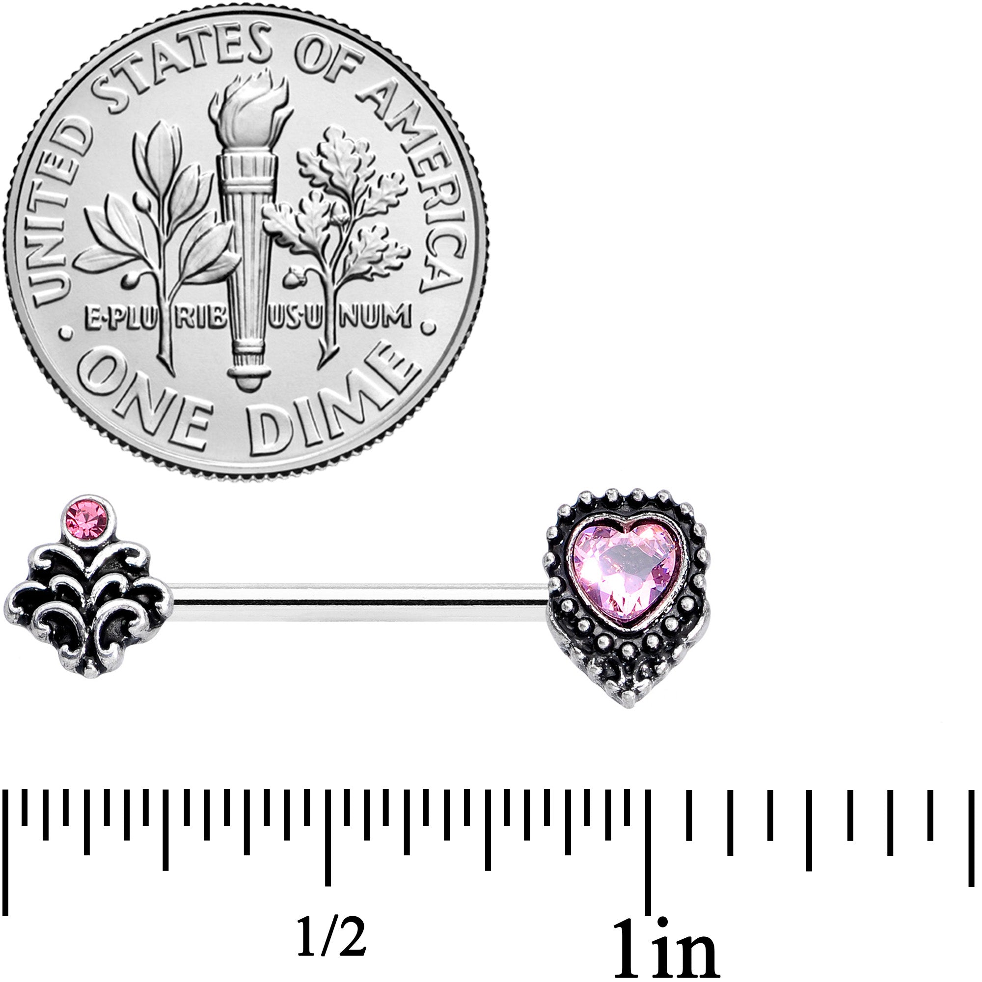 14 Gauge 9/16 Pink Gem Regal Valentines Heart Barbell Nipple Ring Set