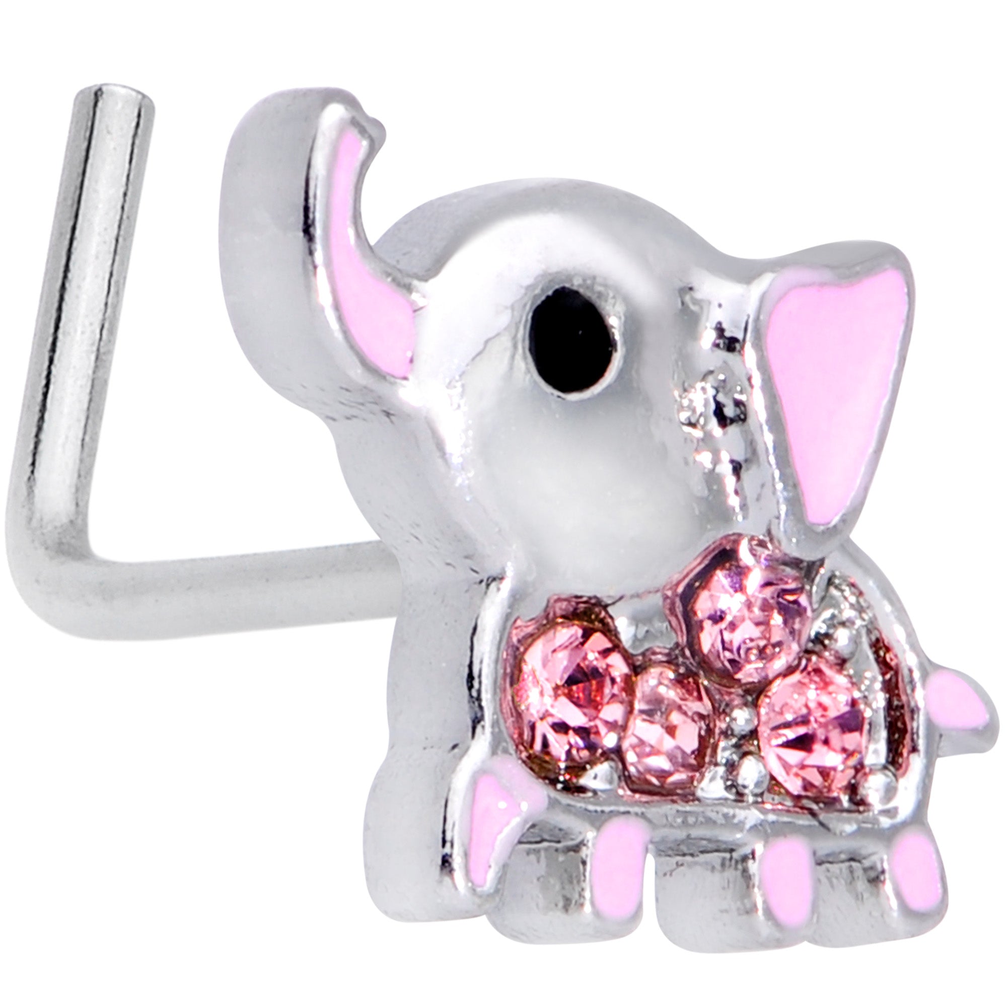 20 Gauge 5/16 Pink Gem Lucky Elephant L Shaped Nose Ring