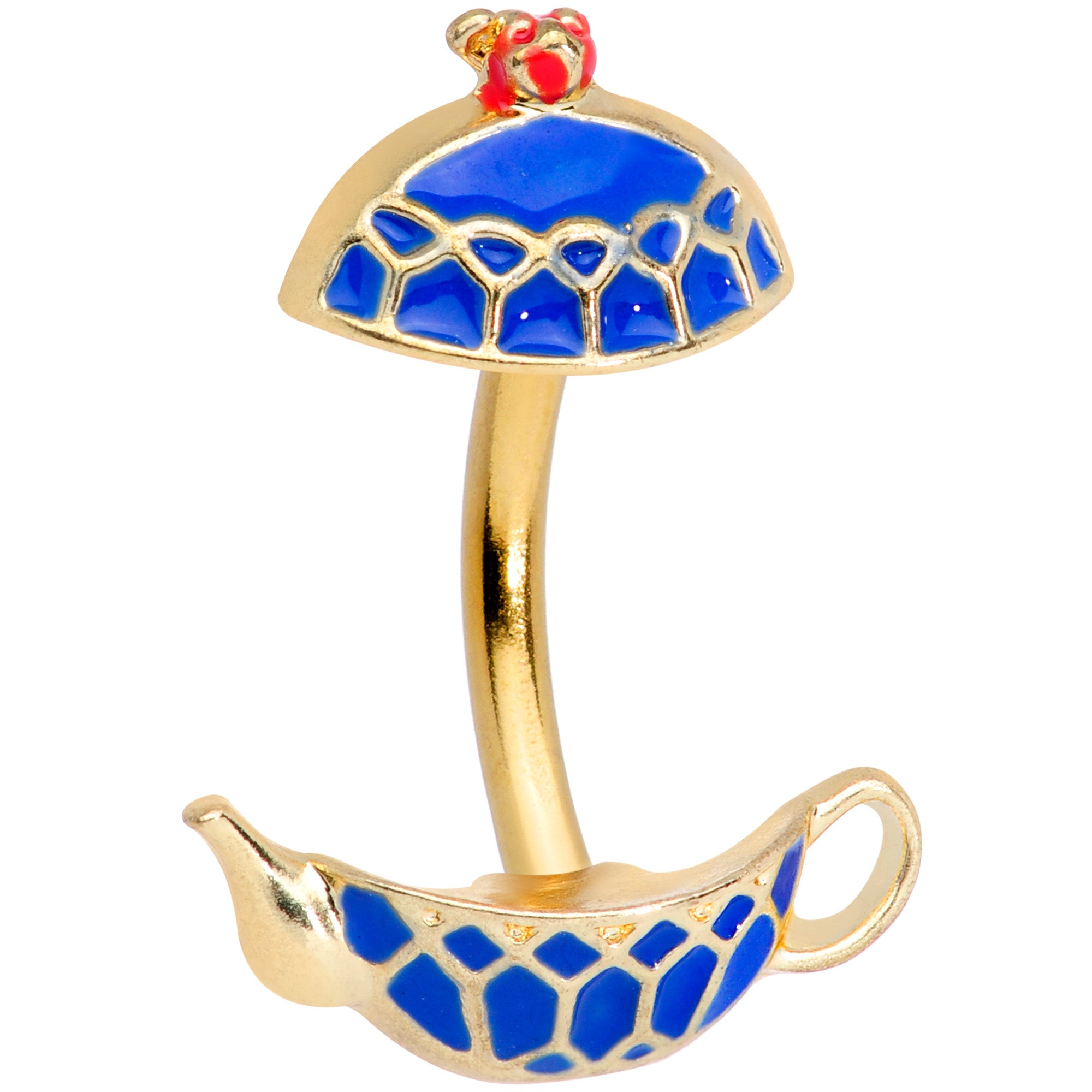 Gold Tone Blue Teapot Double Mount Belly Ring