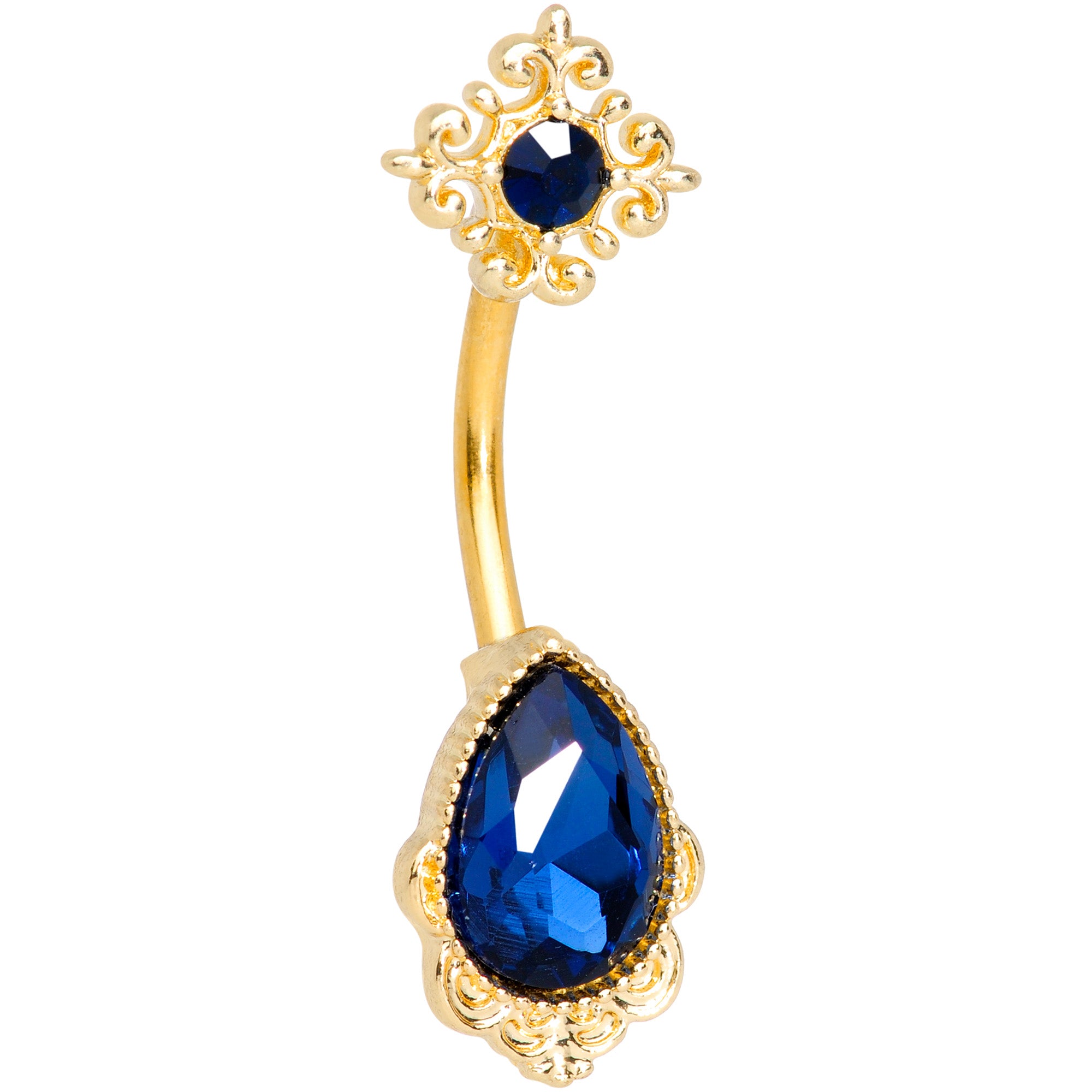 Blue Gem Gold Tone Noble Drop Double Mount Belly Ring