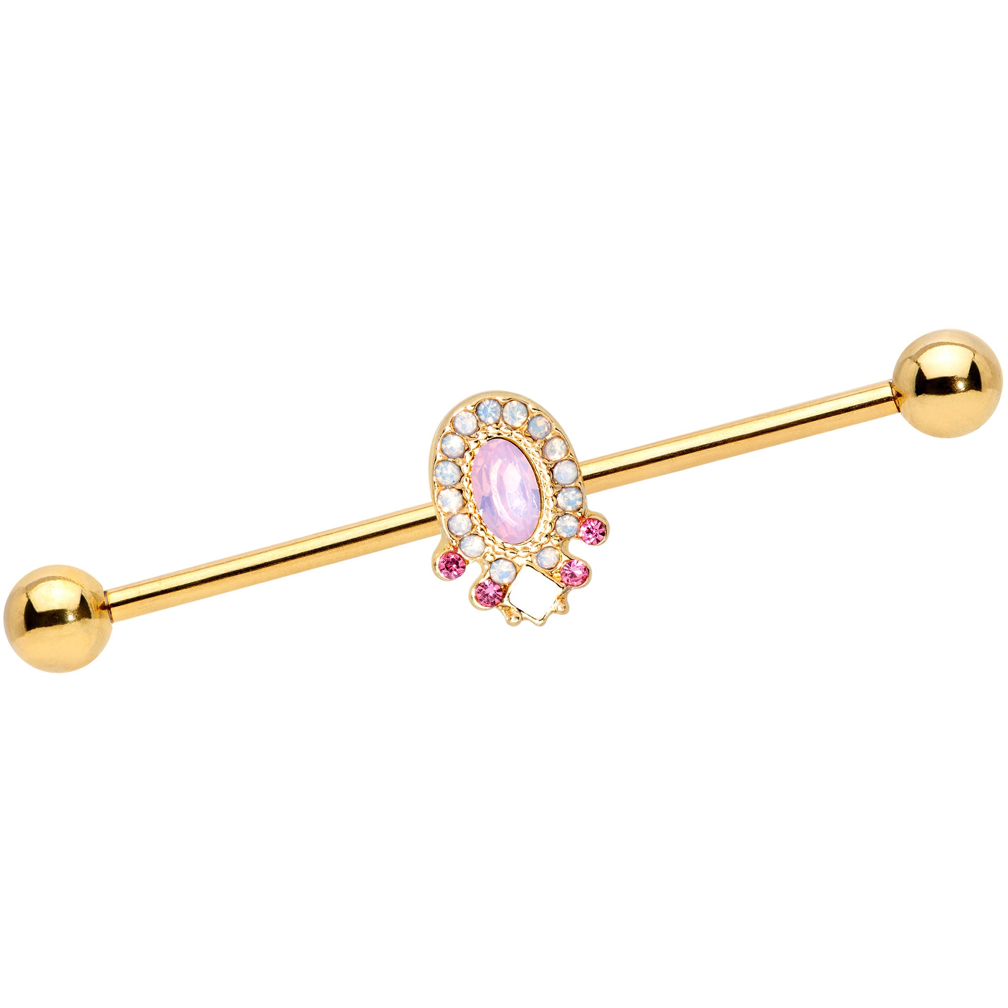 14 Gauge Pink Gem White Faux Opal Gold Tone Industrial Barbell 38mm