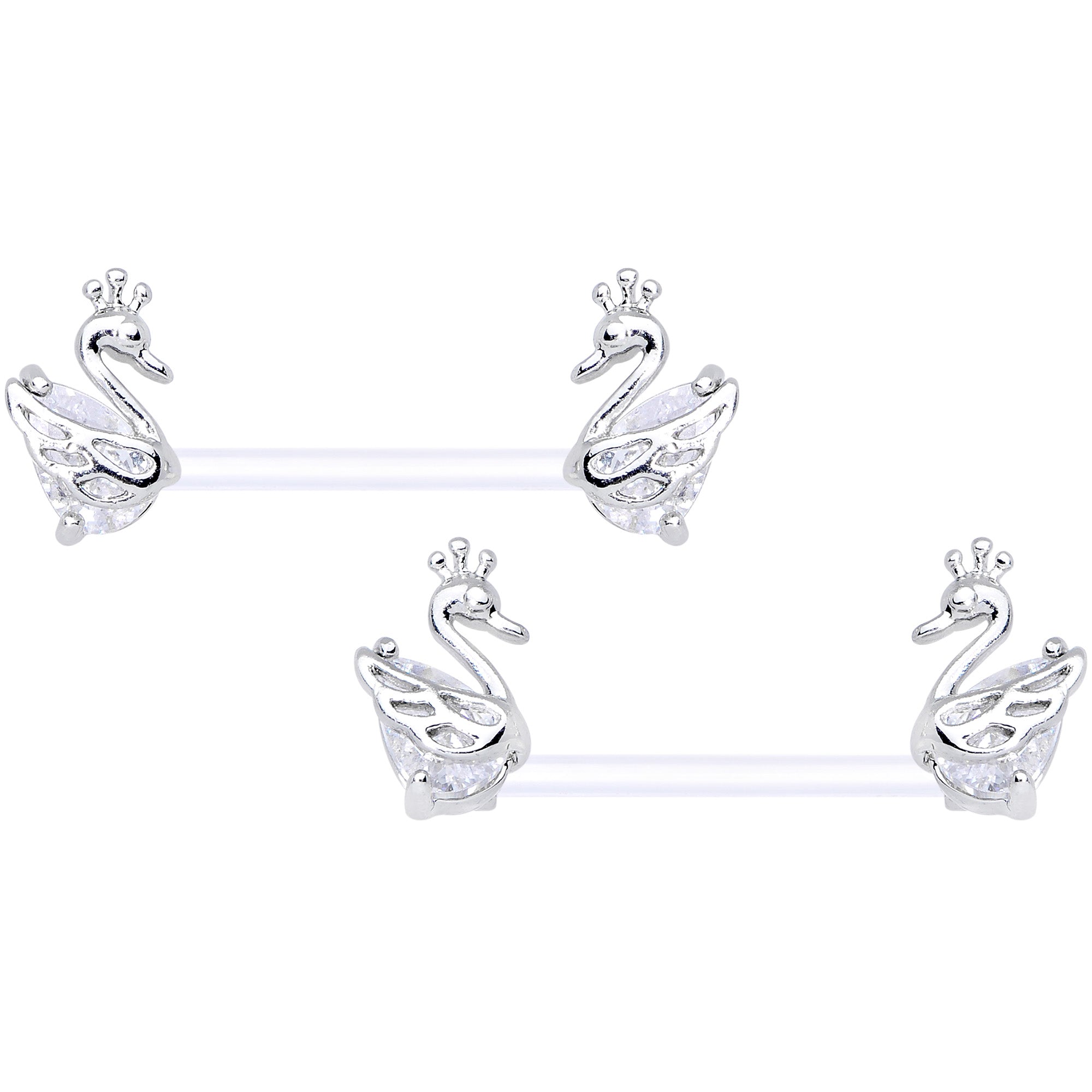 14 Gauge 9/16 Clear CZ Gem Bioplast Swan Queen Barbell Nipple Ring Set