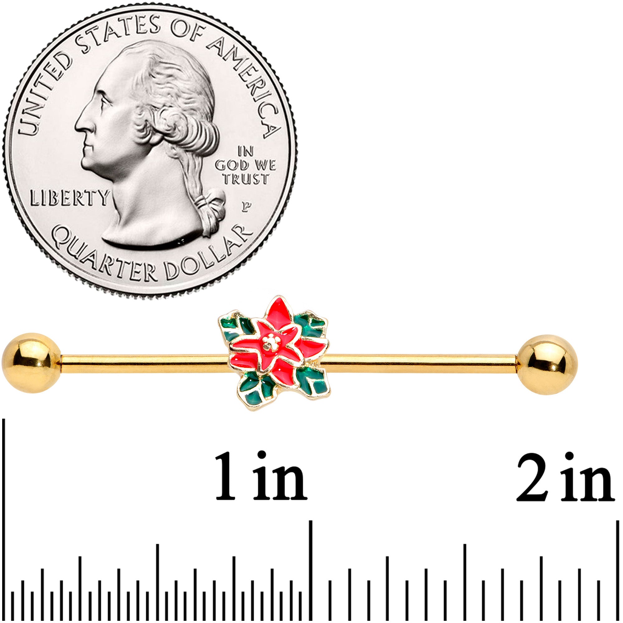 14 Gauge Gold Tone PVD Poinsettia Christmas Industrial Barbell 38mm