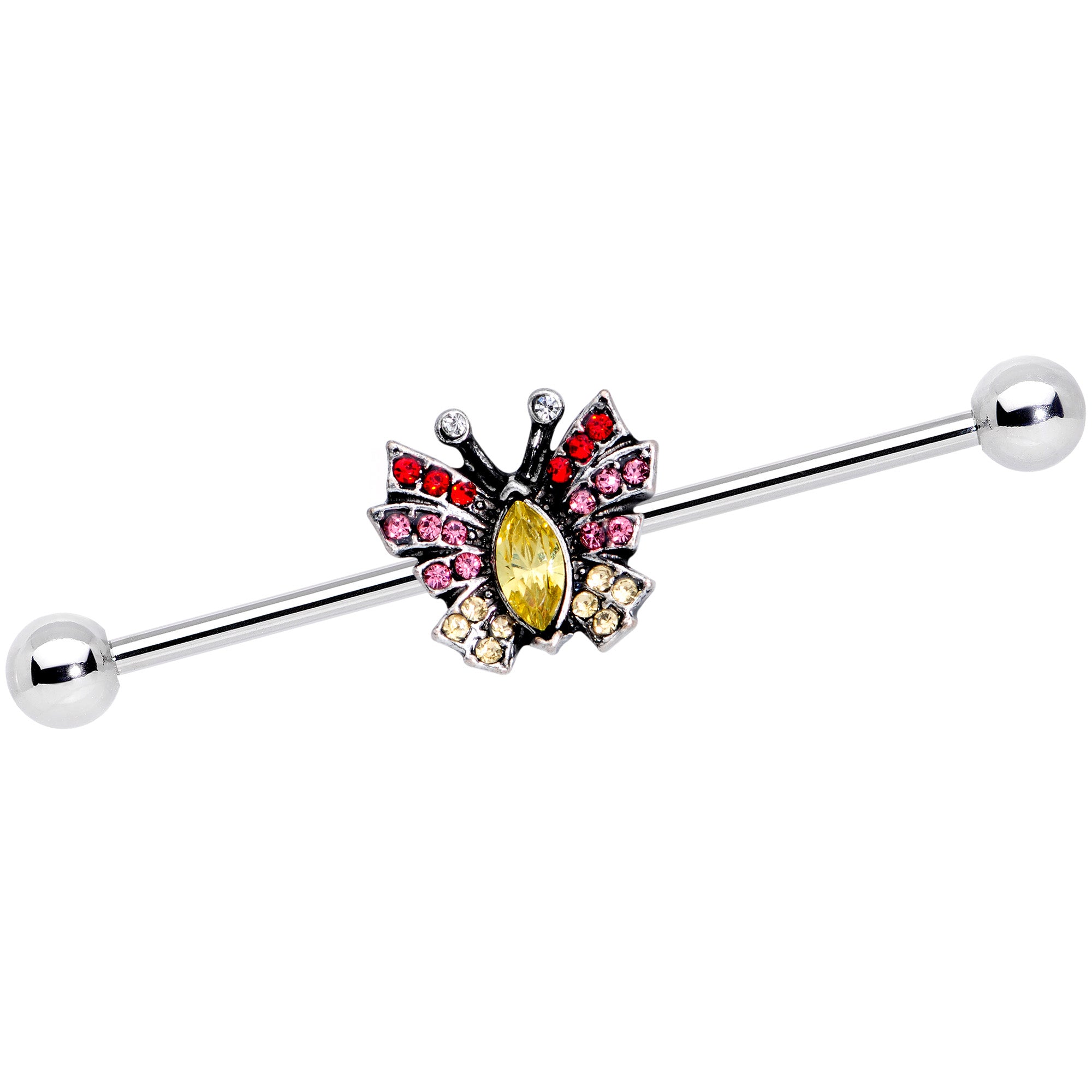 14 Gauge Red Yellow Pink Gem Art Deco Butterfly Industrial Barbell 38mm